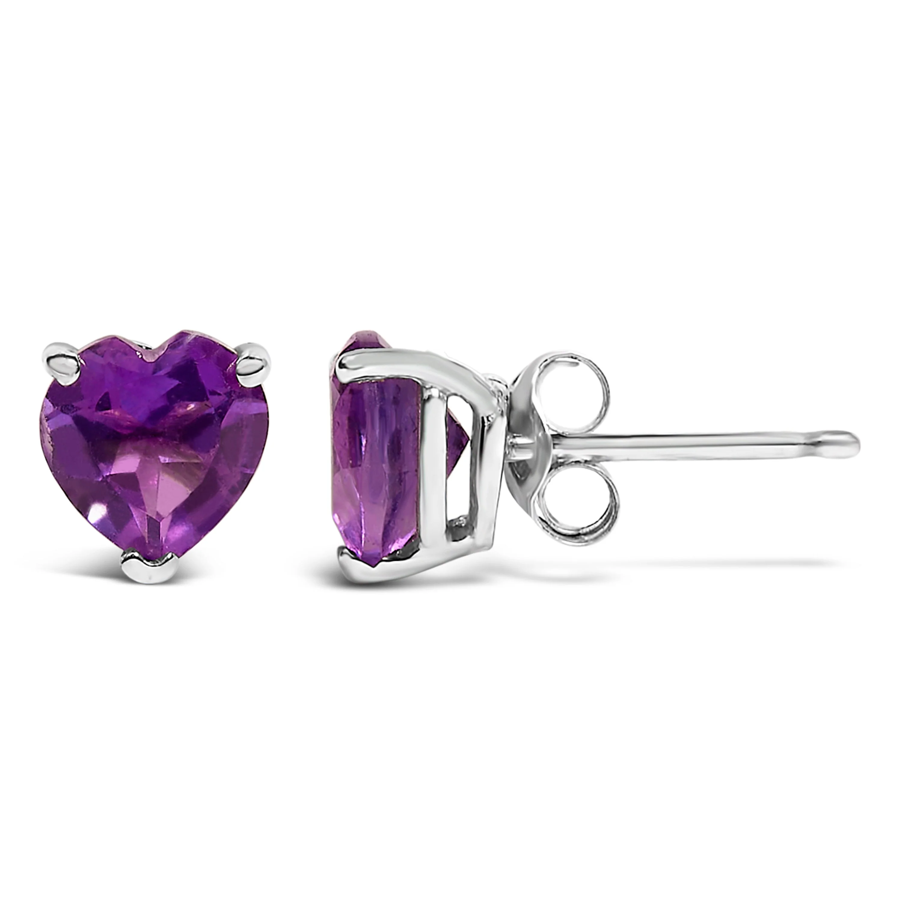 14K White Gold 5MM Heart Cut Purple Amethyst Solitaire Stud Earrings - Image 3