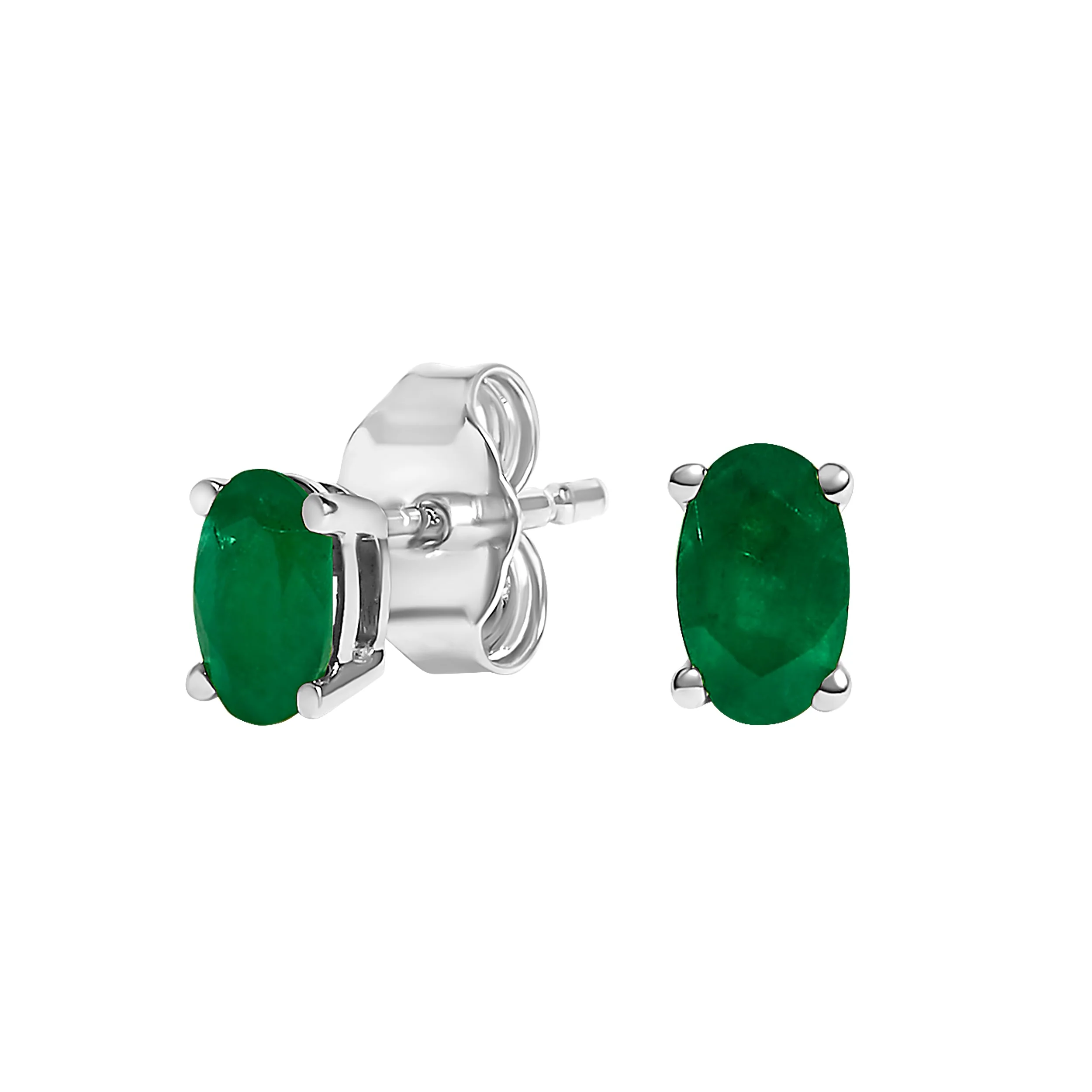 14K White Gold 5x3 MM Oval Green Emerald Solitaire Stud Earrings - Image 2