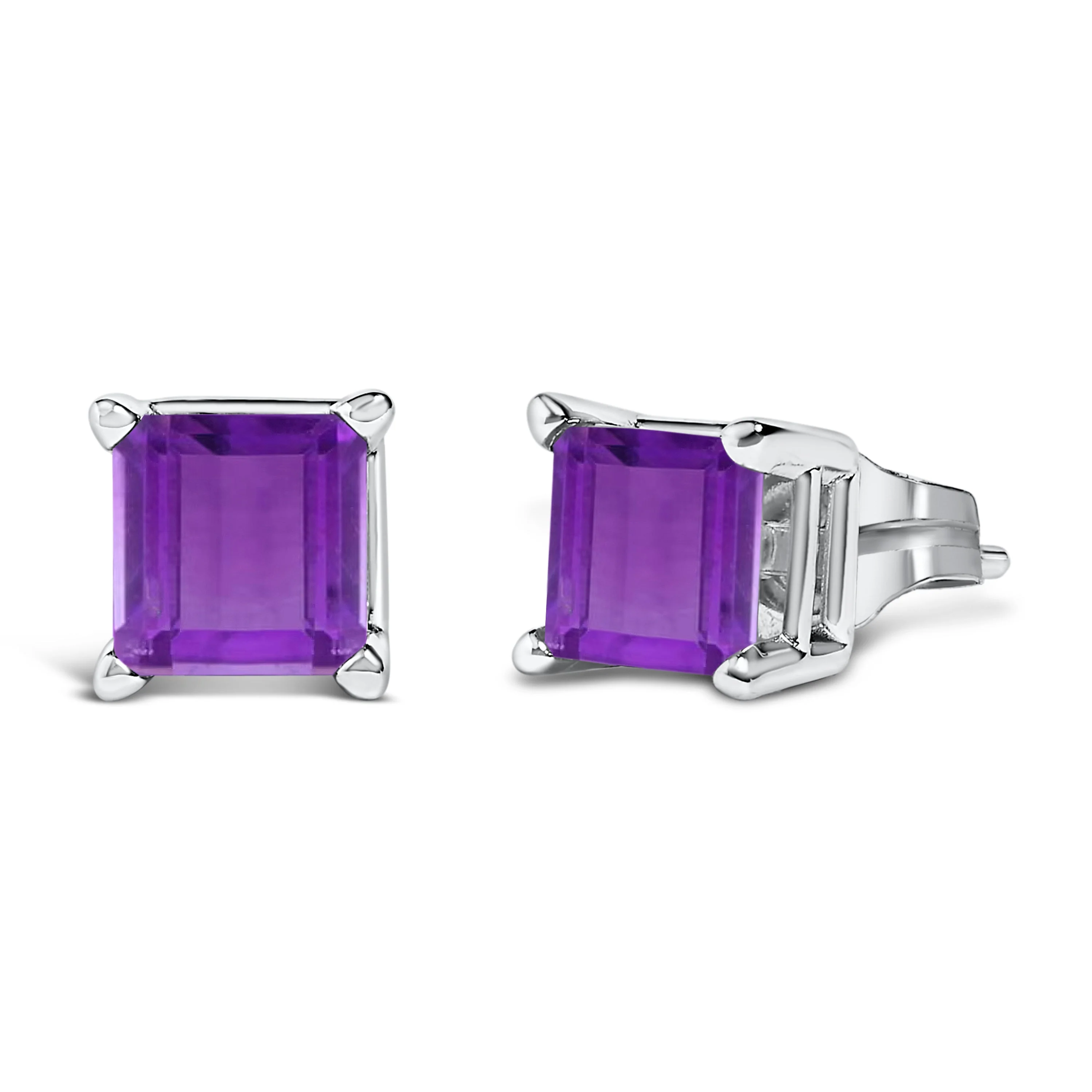 14K White Gold 5x5MM Princess Cut Purple Amethyst Solitaire Stud Earrings - Image 2