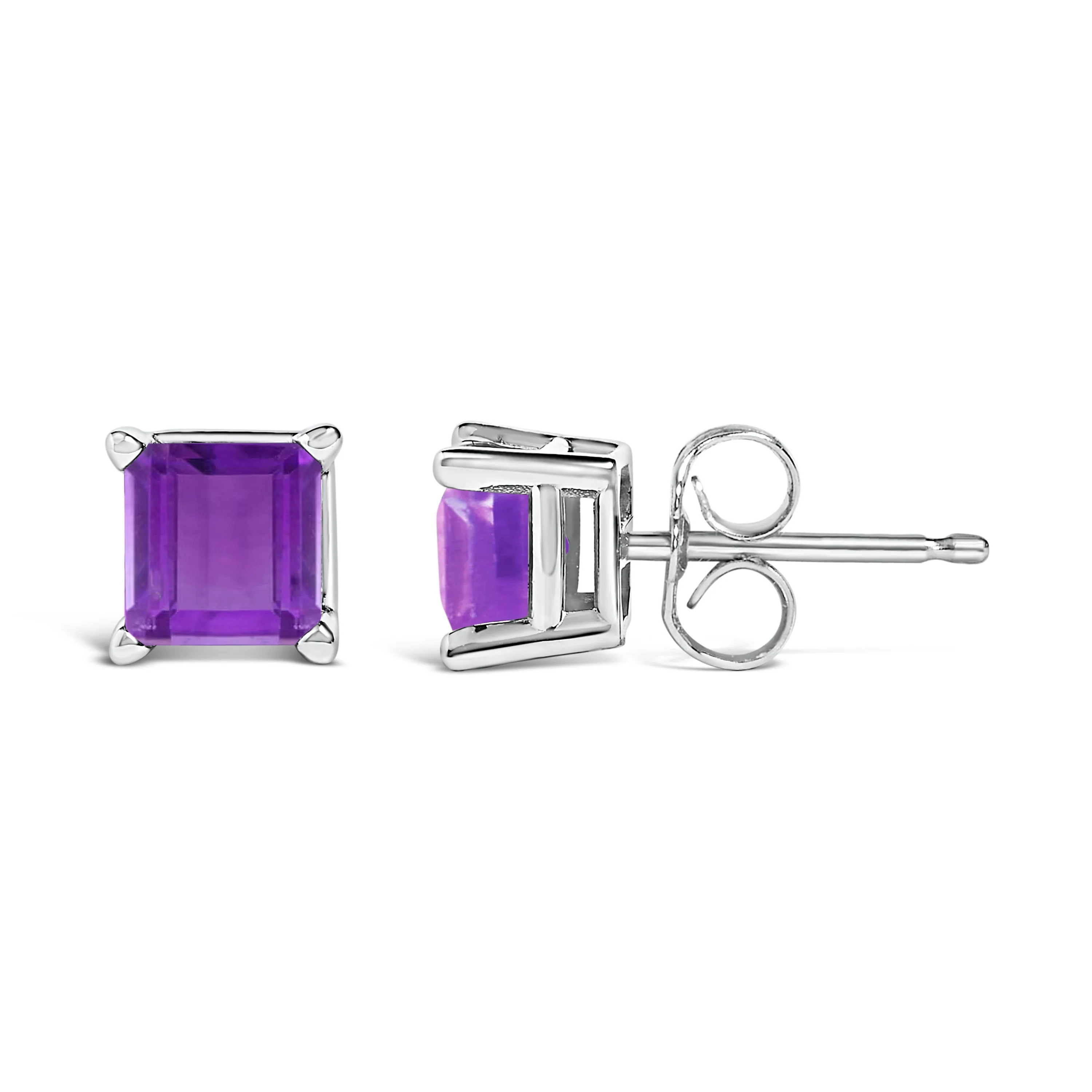 14K White Gold 5x5MM Princess Cut Purple Amethyst Solitaire Stud Earrings - Image 3