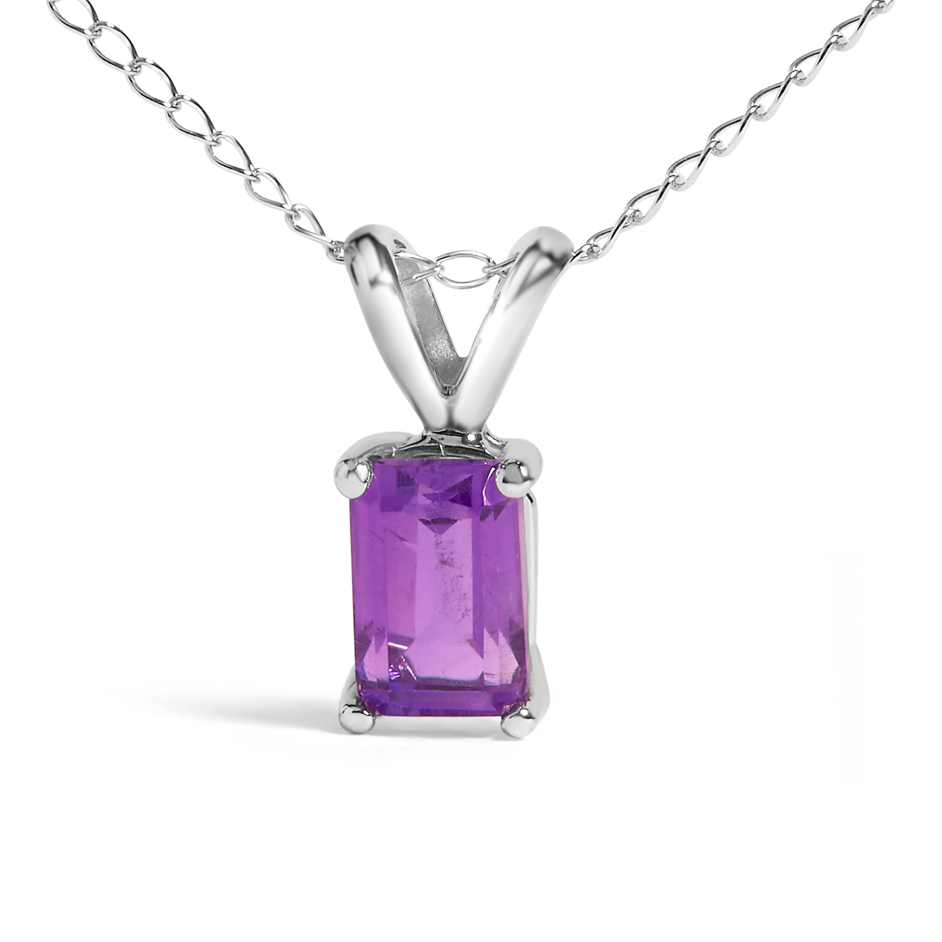 14K White Gold 6x4MM Emerald Cut Purple Amethyst Solitaire Pendant Necklace - Image 2