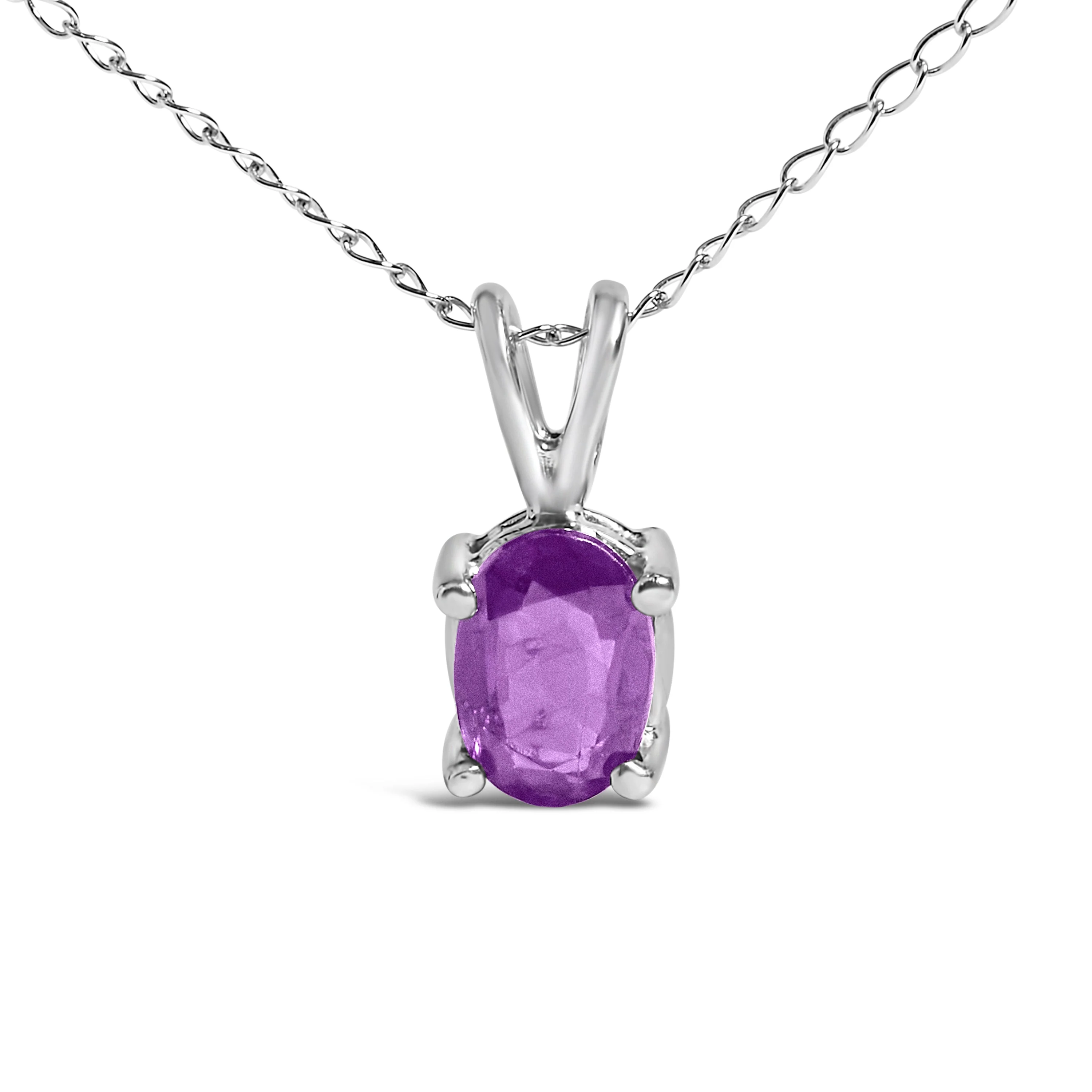 14K White Gold 6x4MM Oval Shaped Purple Amethyst Solitaire Pendant Necklace - Image 2
