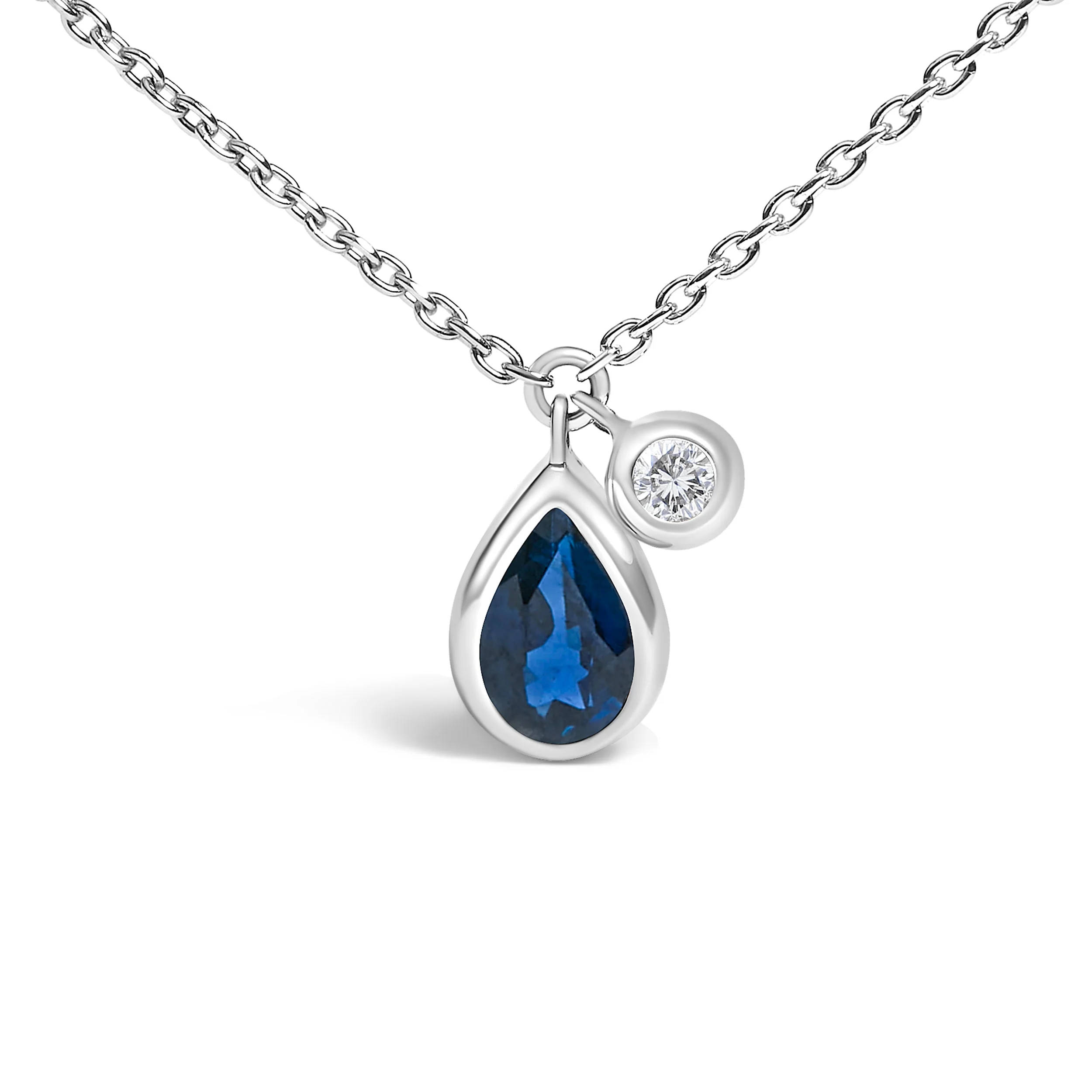 14K White Gold 6x4mm Pear Blue Sapphire and Diamond Accent Charm Pendant Necklace - 18" Inches - Image 2