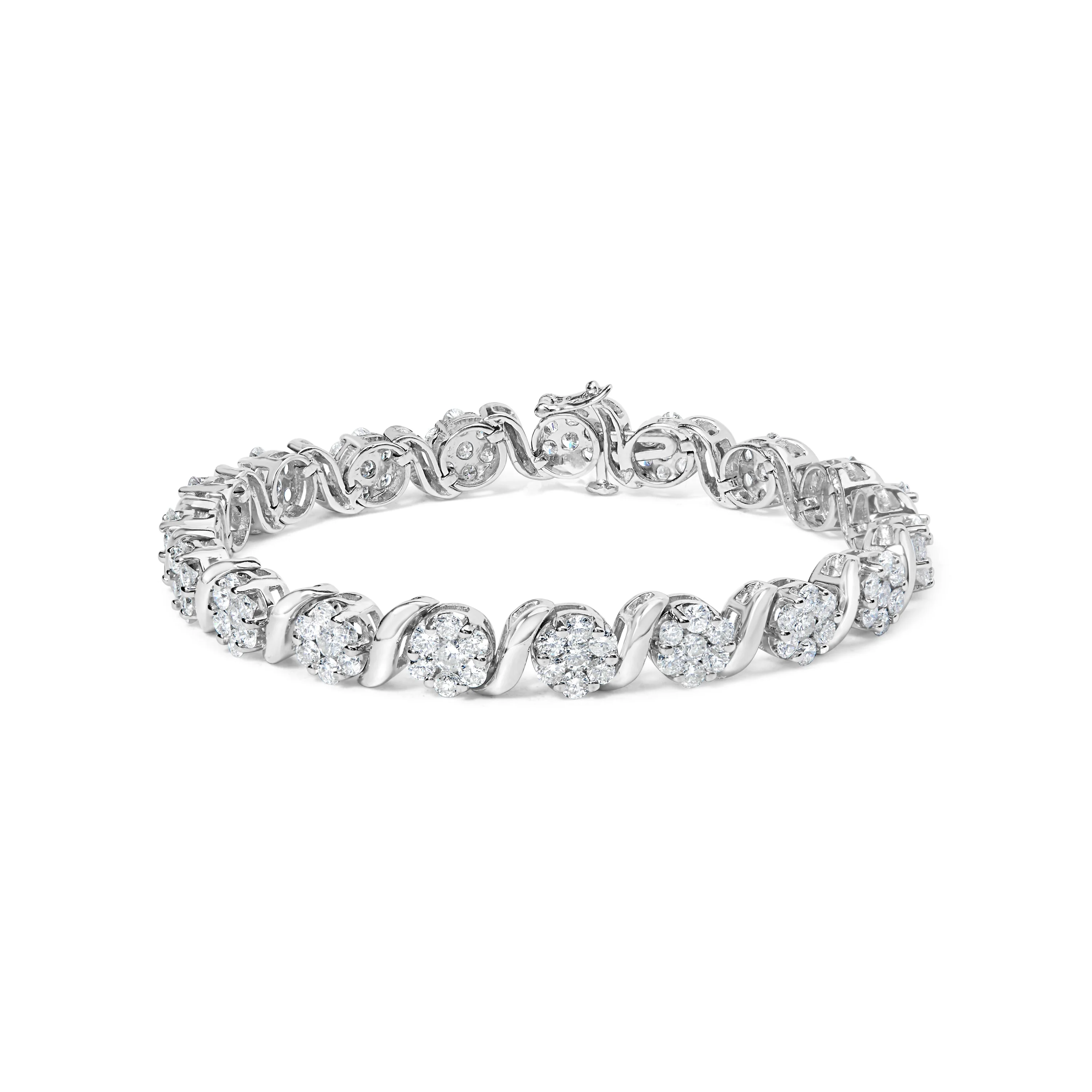 14K White Gold 7 3/8 Cttw Round Brilliant Diamond Floral Cluster and S Link Bracelet (H-I Color, SI2-I1 Clarity) - 7" Inches - Image 5