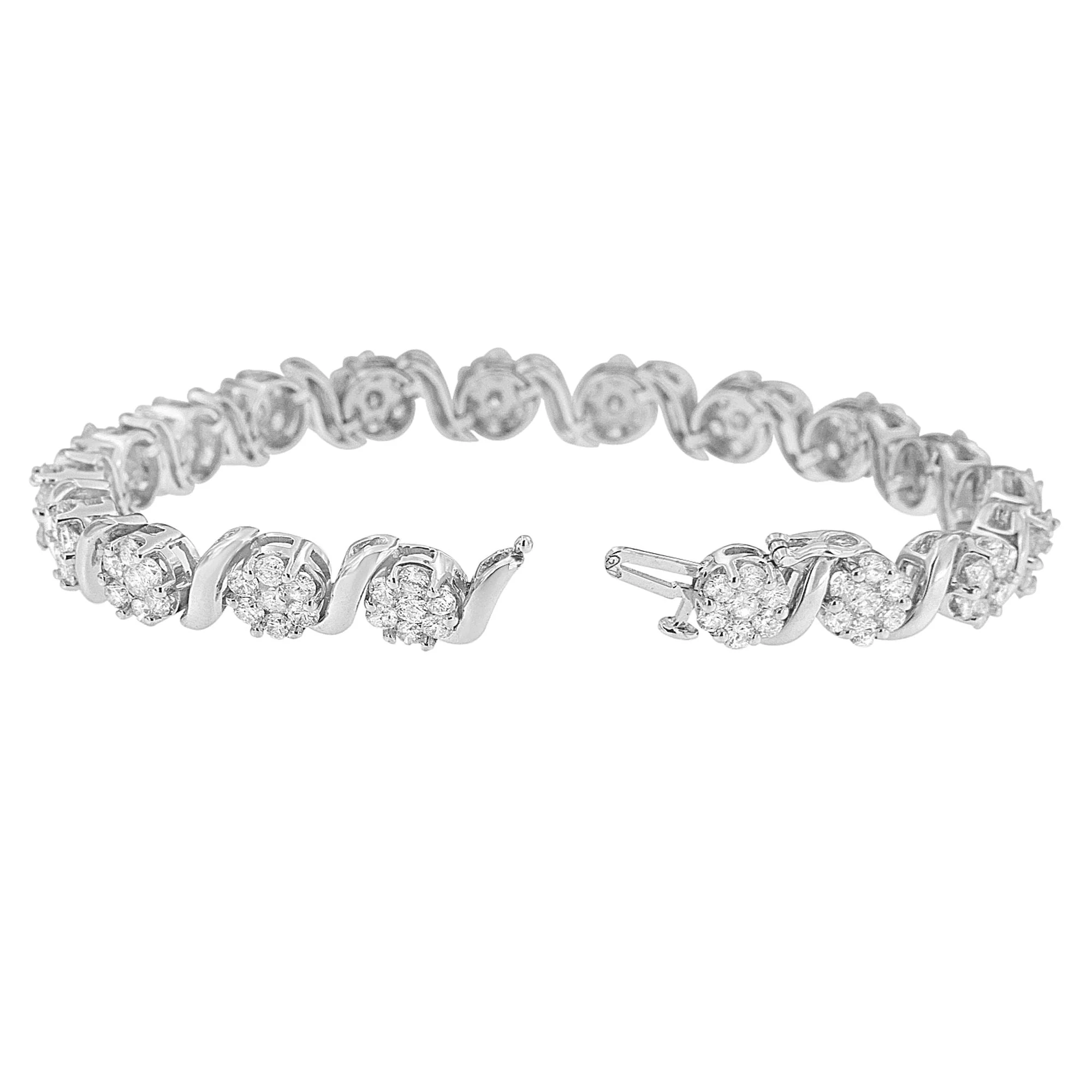 14K White Gold 7 3/8 Cttw Round Brilliant Diamond Floral Cluster and S Link Bracelet (H-I Color, SI2-I1 Clarity) - 7" Inches - Image 8