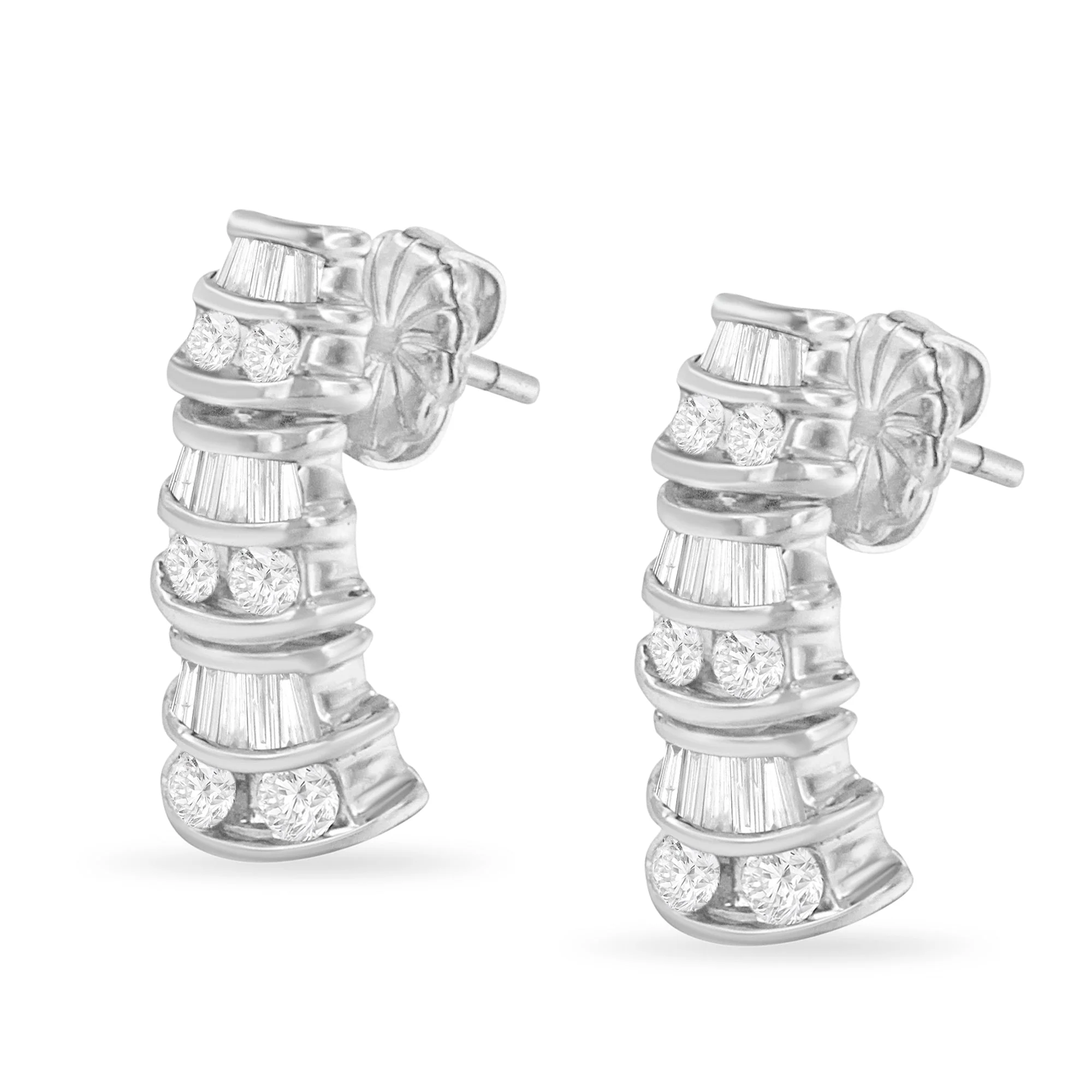 14K White Gold 7/8 cttw Baguette & Round Brilliant-Cut Diamond Dangle Multi Row Earrings (H-I Color, SI2-I1 Clarity) - Image 4