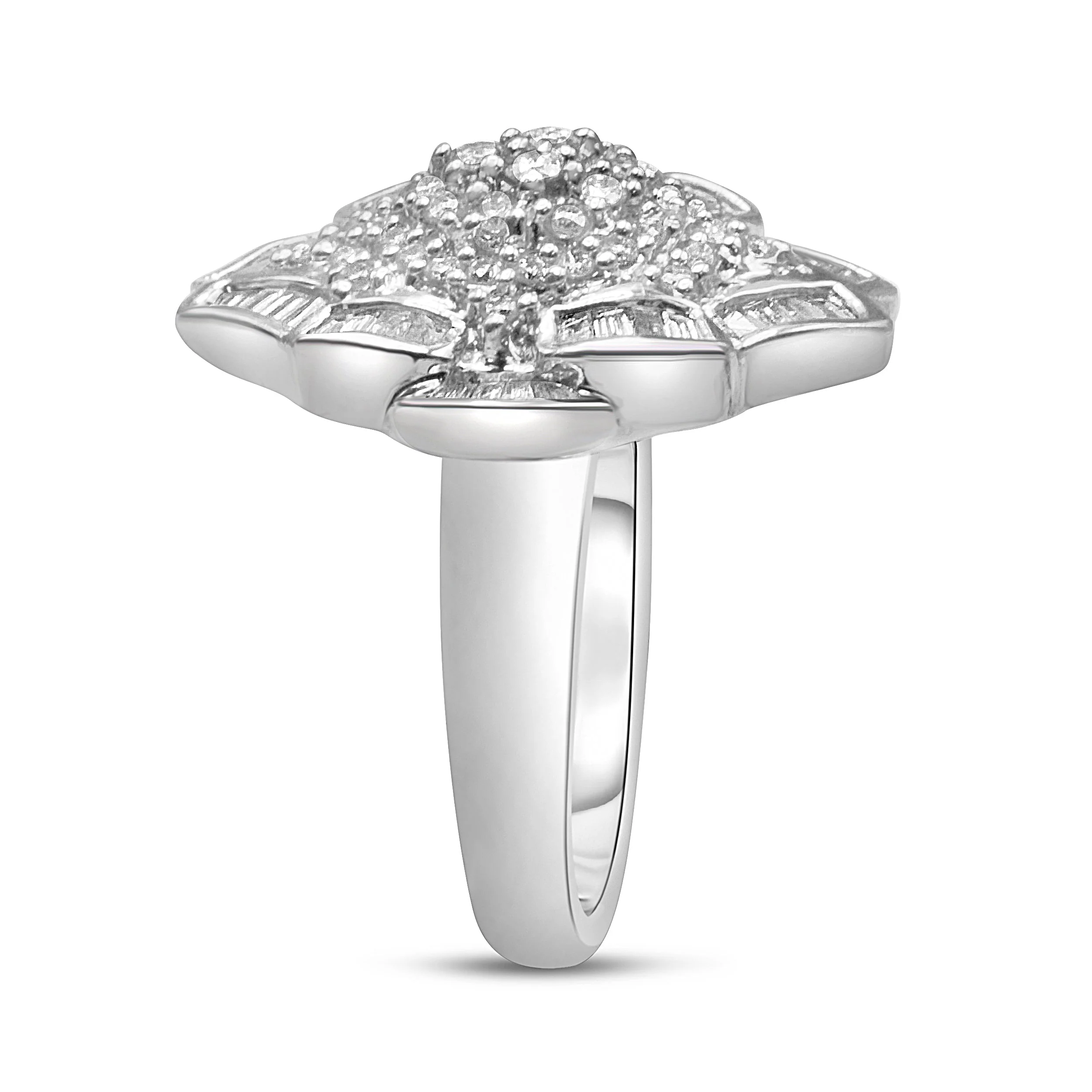 14K White Gold 7/8 Cttw Round and Baguette-Cut Diamond Cluster Ring (H-I Color, SI2-I1 Clarity) - Size 7 - Image 6