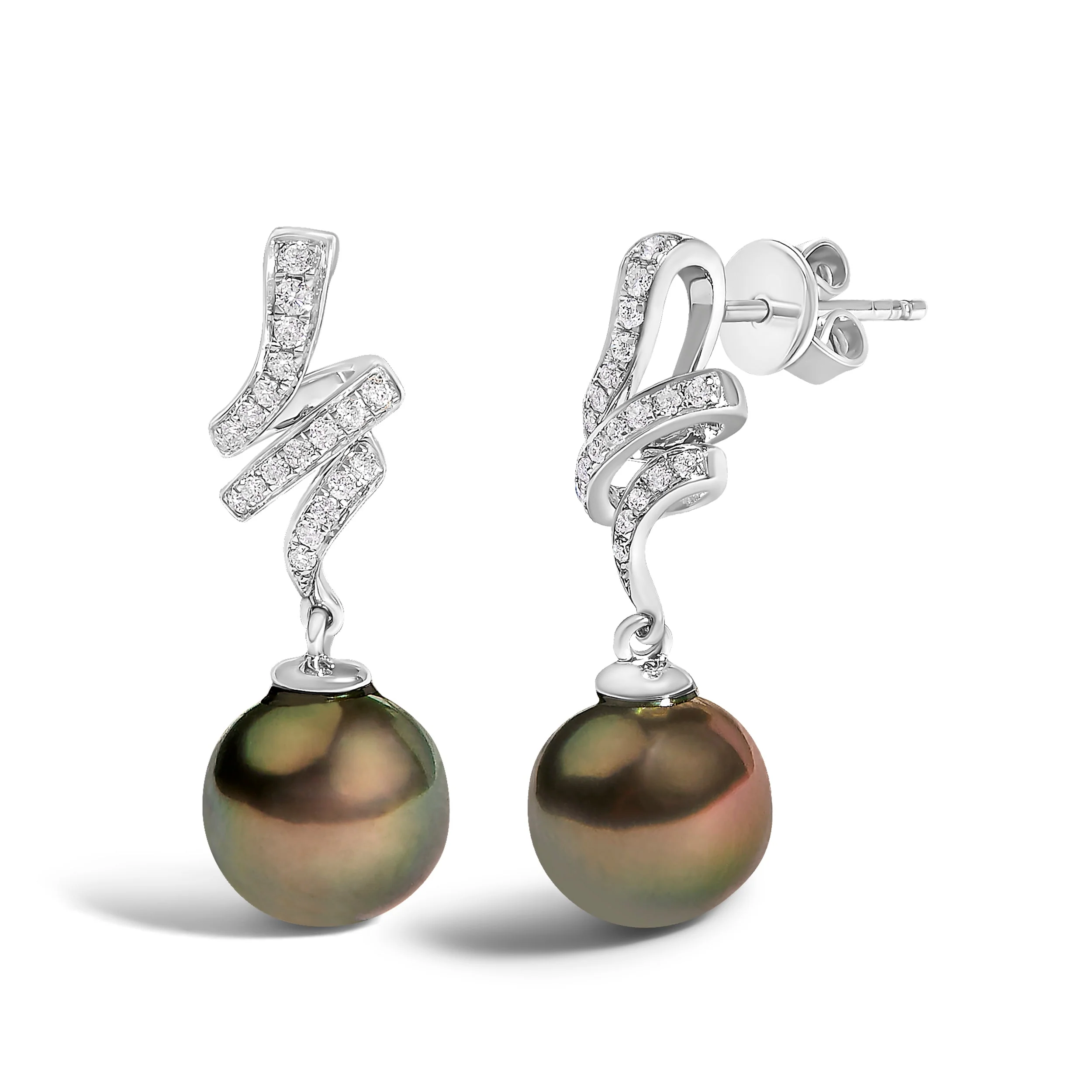 14K White Gold 9MM Cultured Black Pearl and Diamond Accent Drop and Dangle Earrings (I-J Color, SI1-SI2 Clarity) - Image 2