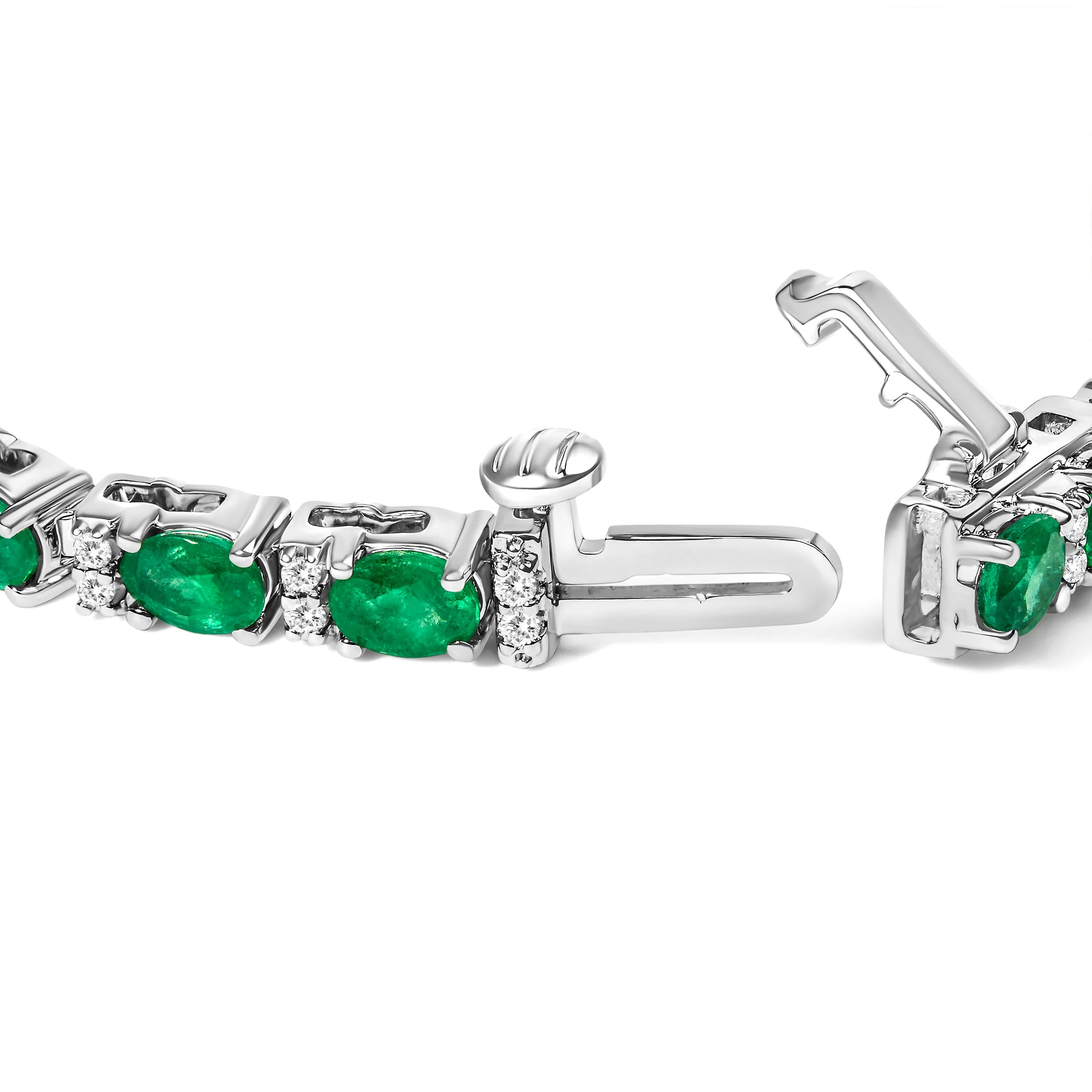 14K White Gold Alternating Oval Green Emerald and Diamond Tennis Bracelet - Image 2