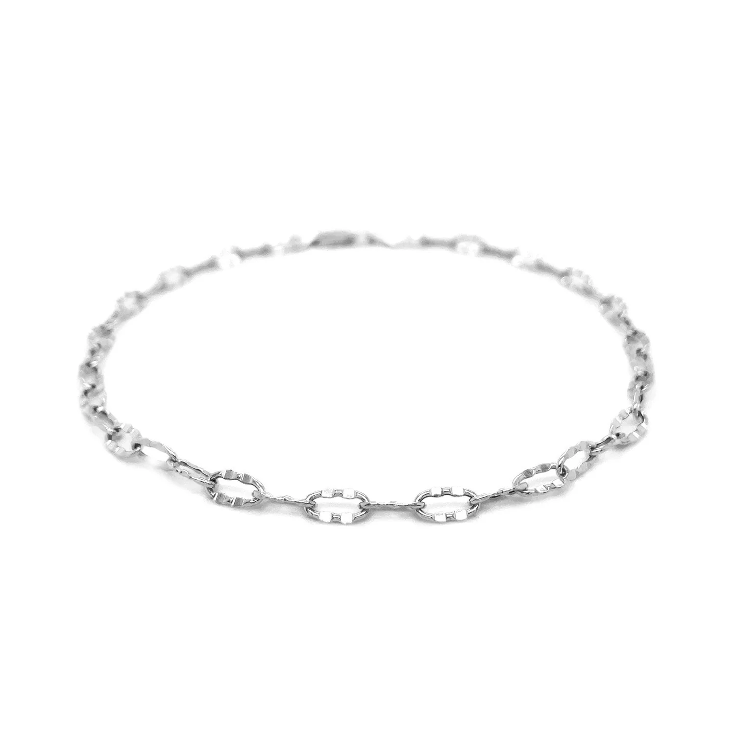 14k White Gold Anklet with Fancy Hammered Oval Links - Image 6