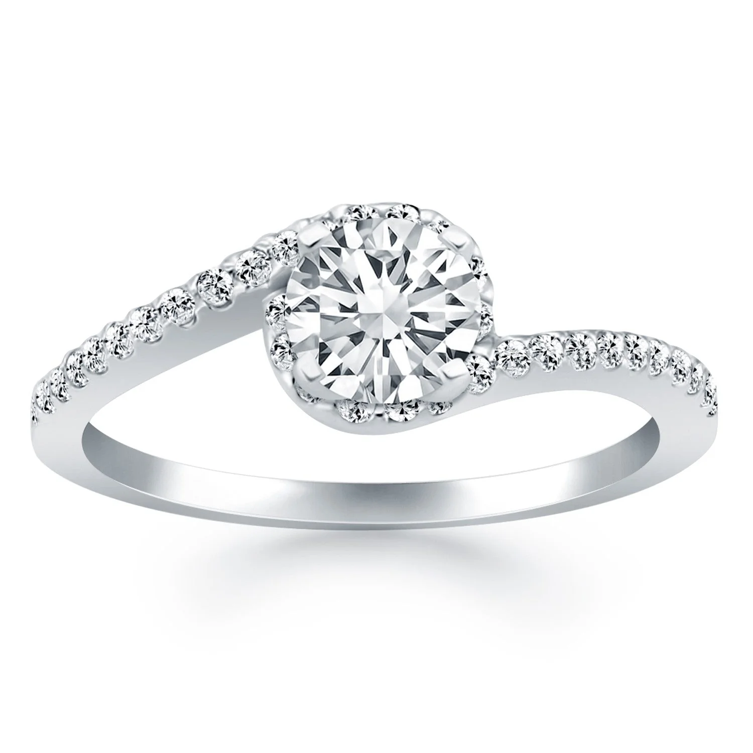 14k White Gold Bypass Swirl Diamond Halo Engagement Ring - Image 4