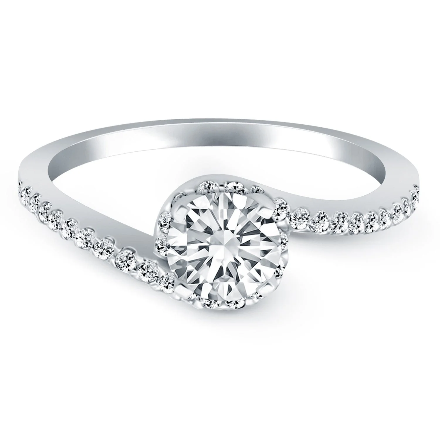 14k White Gold Bypass Swirl Diamond Halo Engagement Ring - Image 5