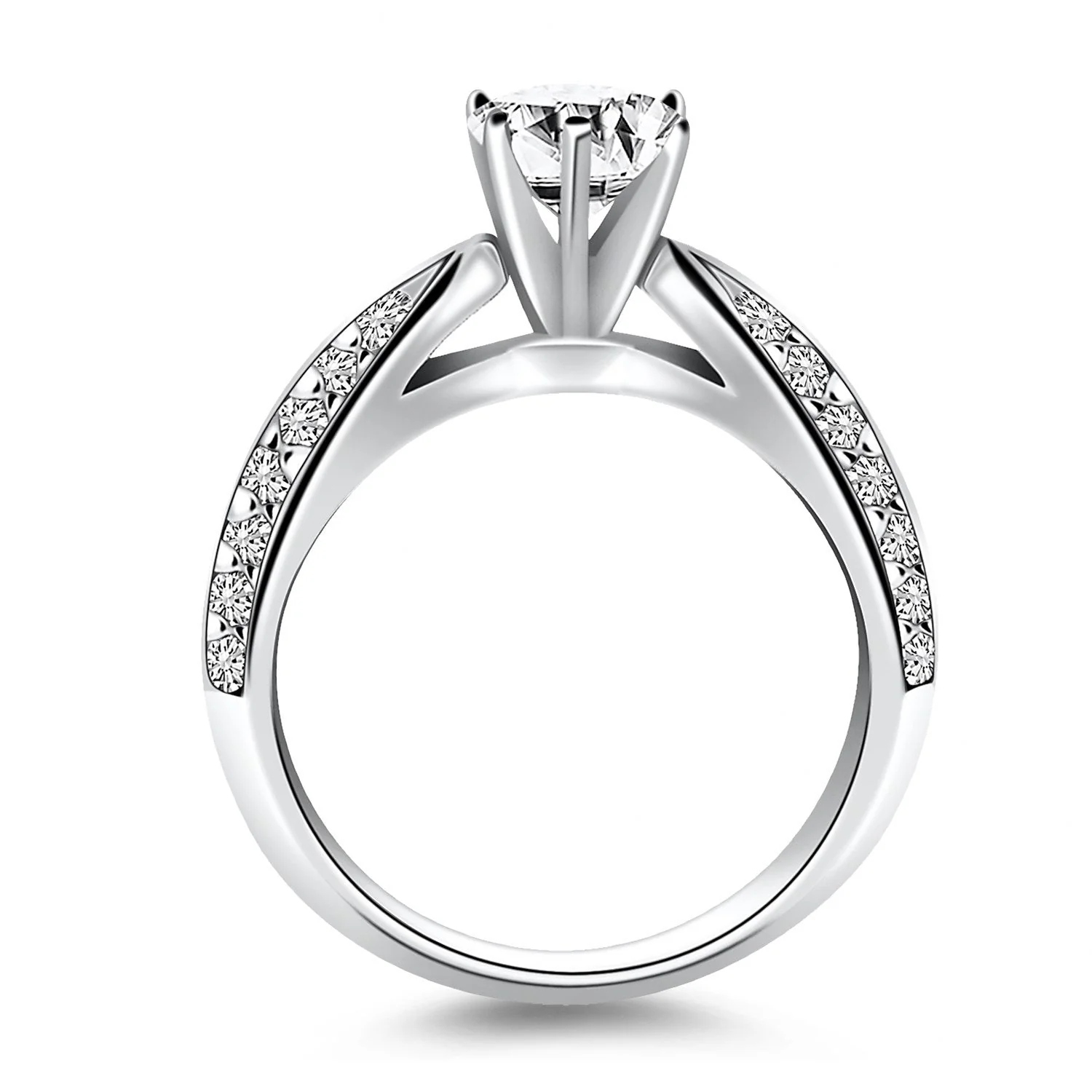 14k White Gold Cathedral Double Row Pave Diamond Engagement Ring - Image 2