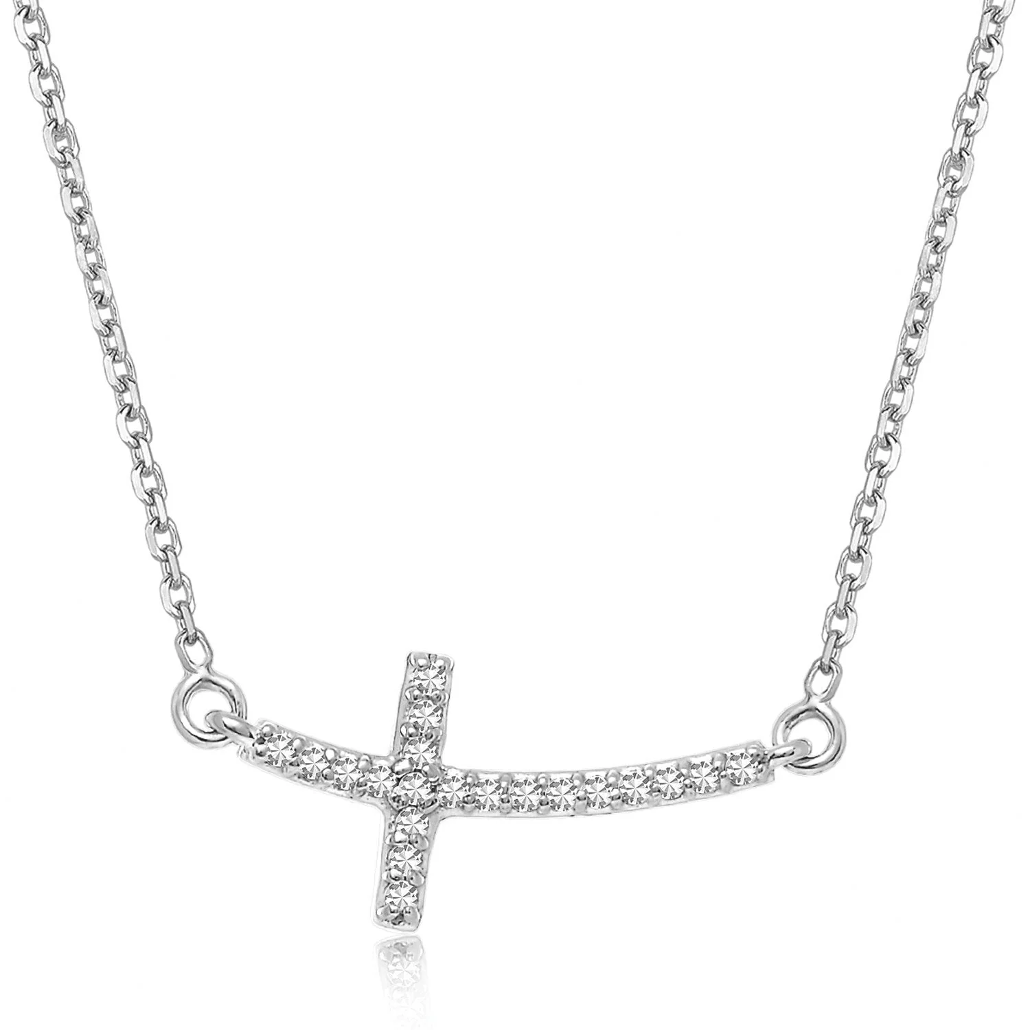 14k White Gold Curved Cross Diamond Studded Necklace (.11cttw) - Image 3