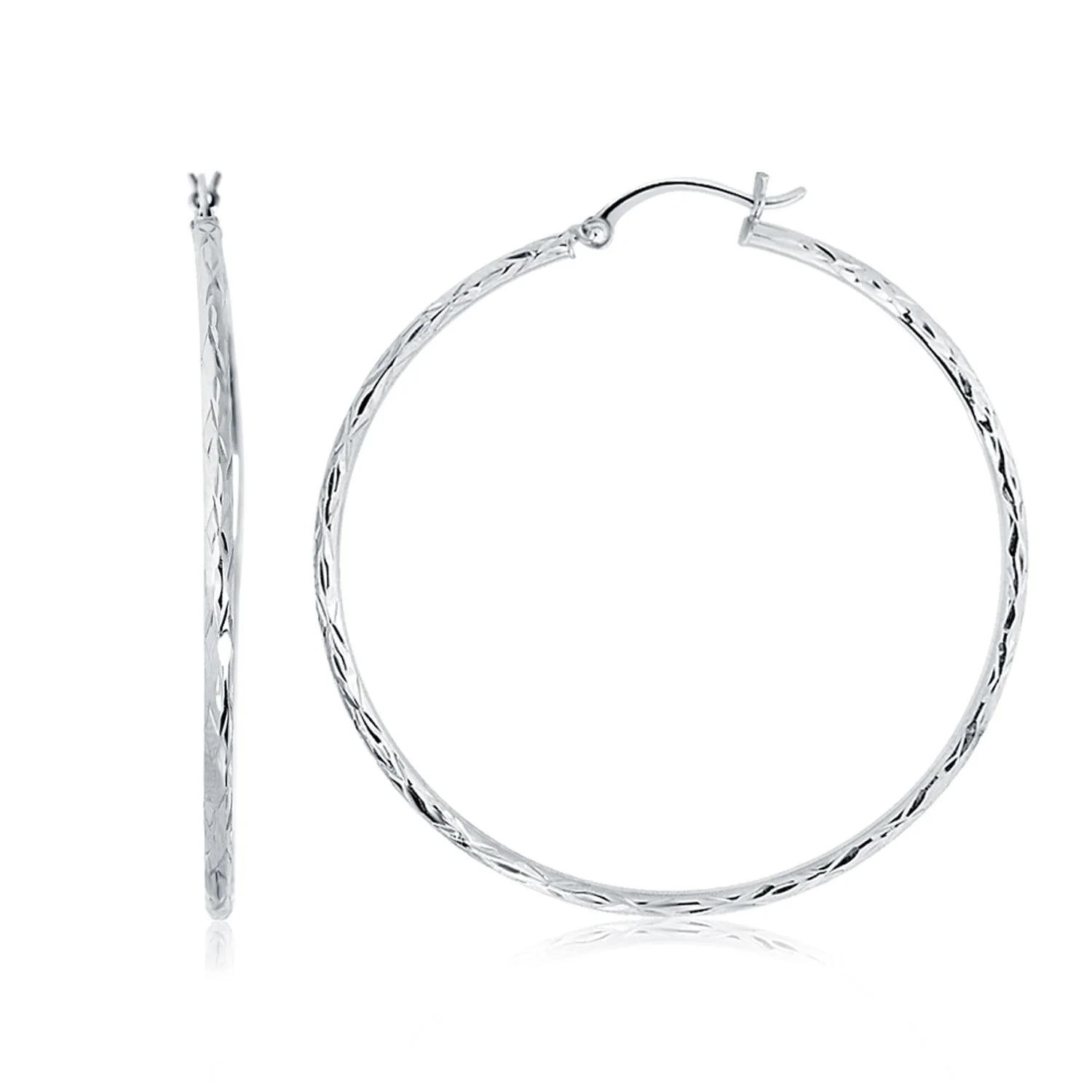 14k White Gold Diamond Cut Hoop Earrings (1 3/4 inch Diameter) - Image 2