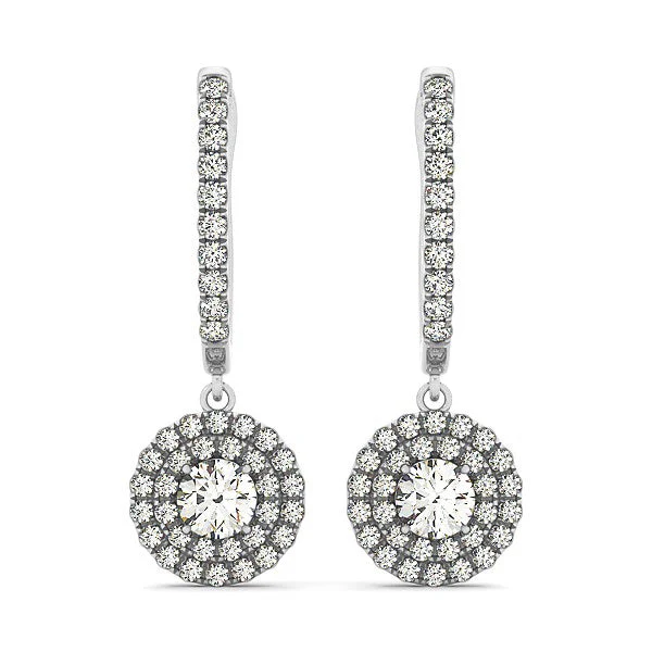 14k White Gold Double Halo Round Diamond Drop Earrings (1 cttw) - Image 4