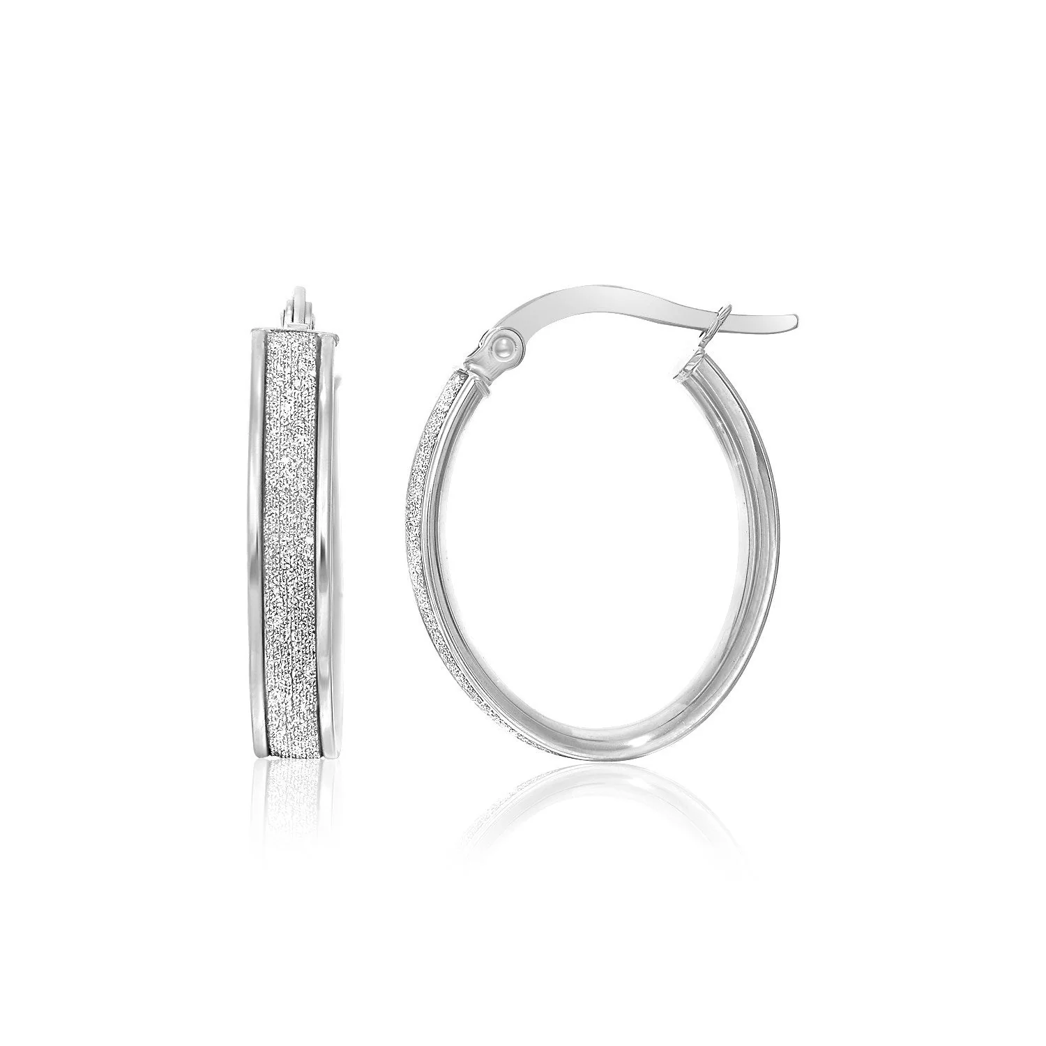 14k White Gold Glitter Center Oval Hoop Earrings - Image 2