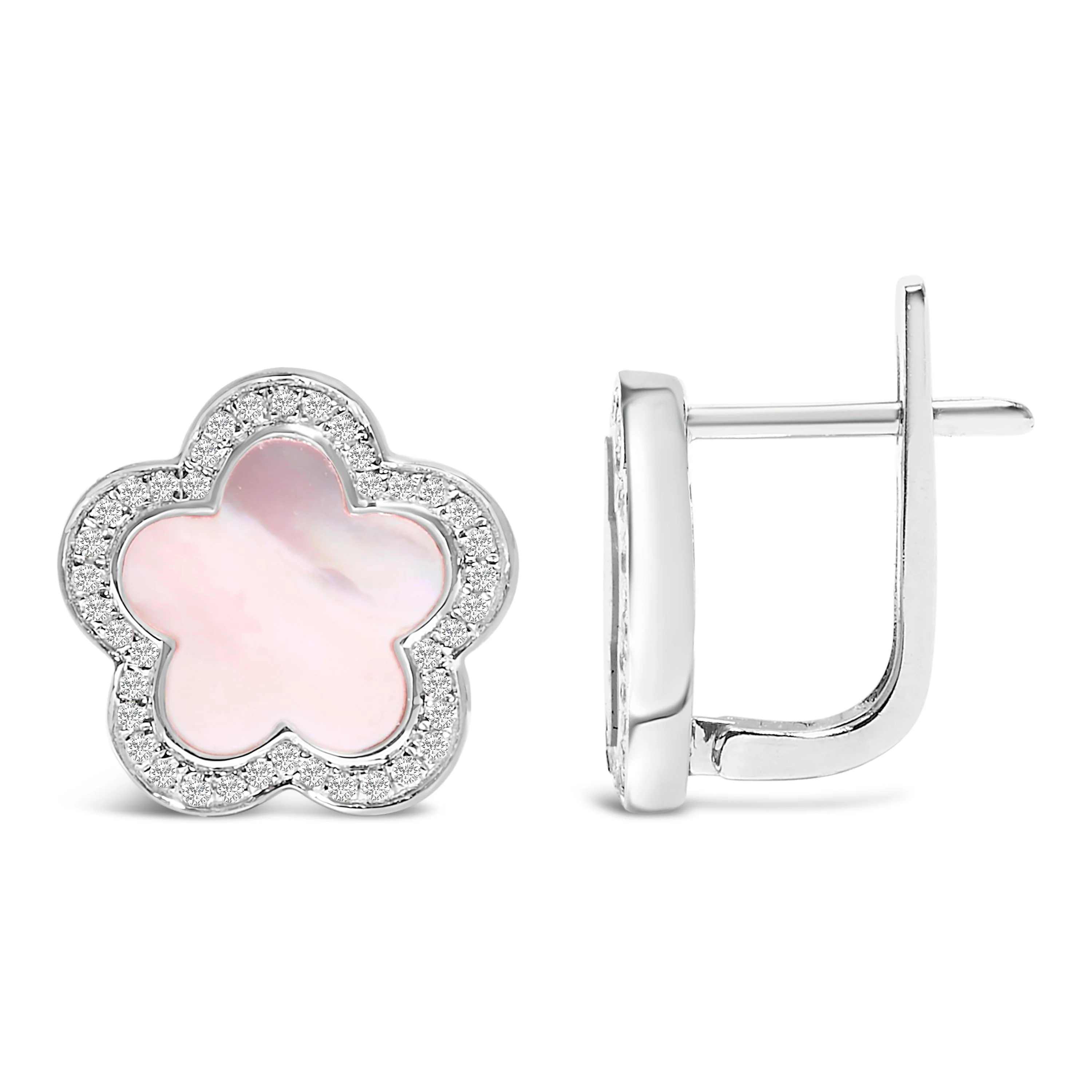14K White Gold Mother of Pearl and 1/5 Cttw Diamond Halo Star Stud Earrings - Image 3