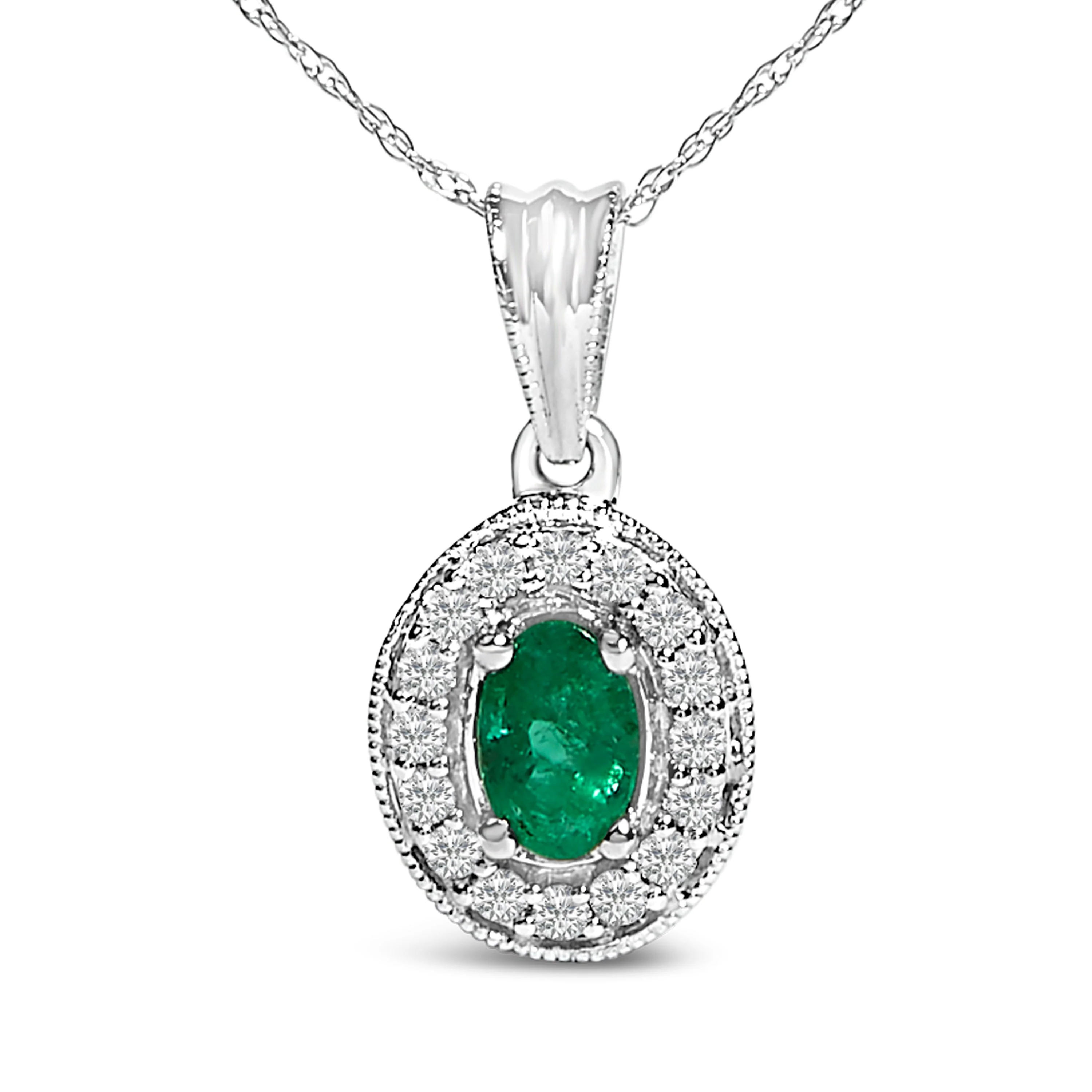 14K White Gold Oval 6x4 MM Green Emerald and Diamond Halo Pendant Necklace - 18 inch - Image 2