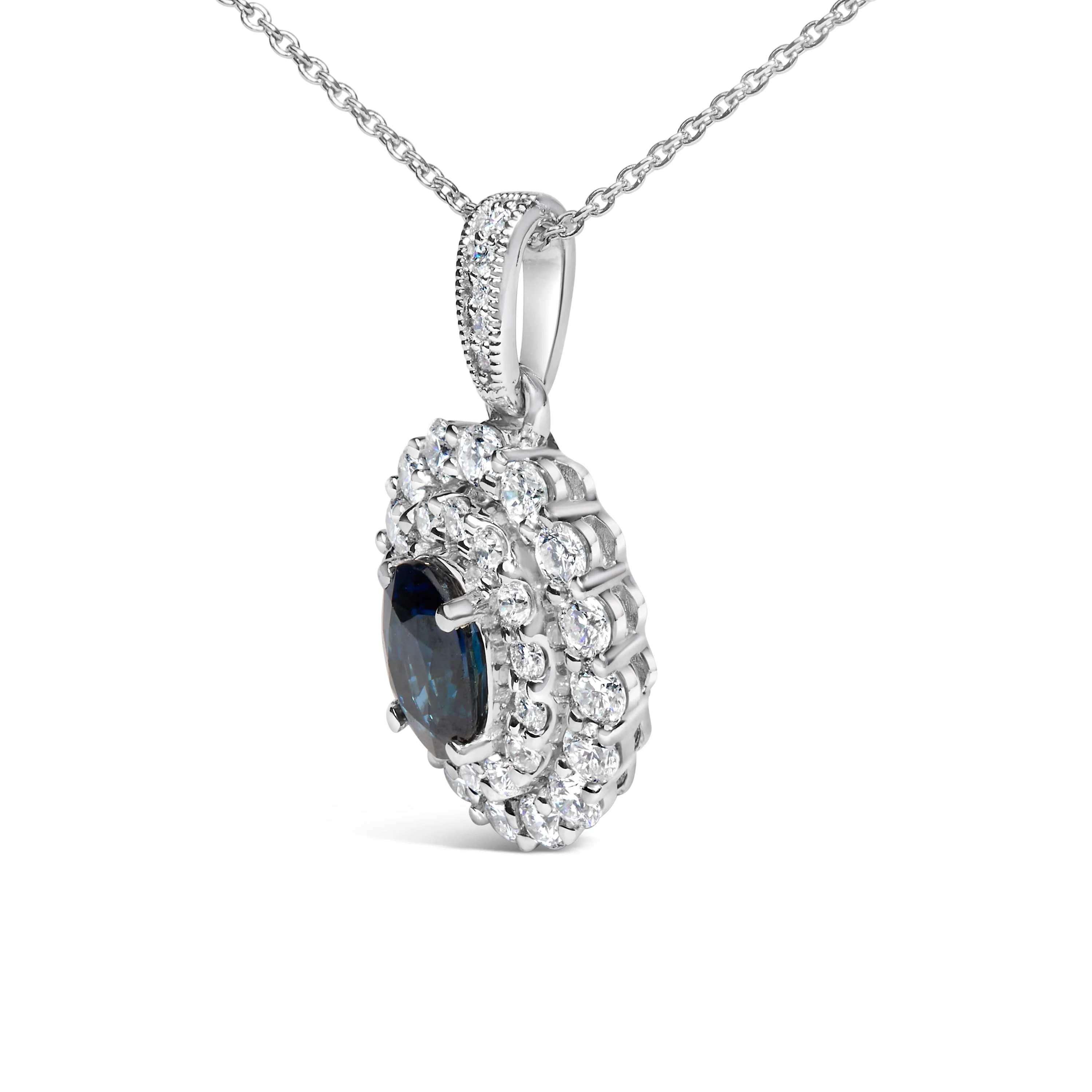 14K White Gold Oval Blue Sapphire and 3/4 Cttw Diamond Halo Pendant Necklace - Image 3