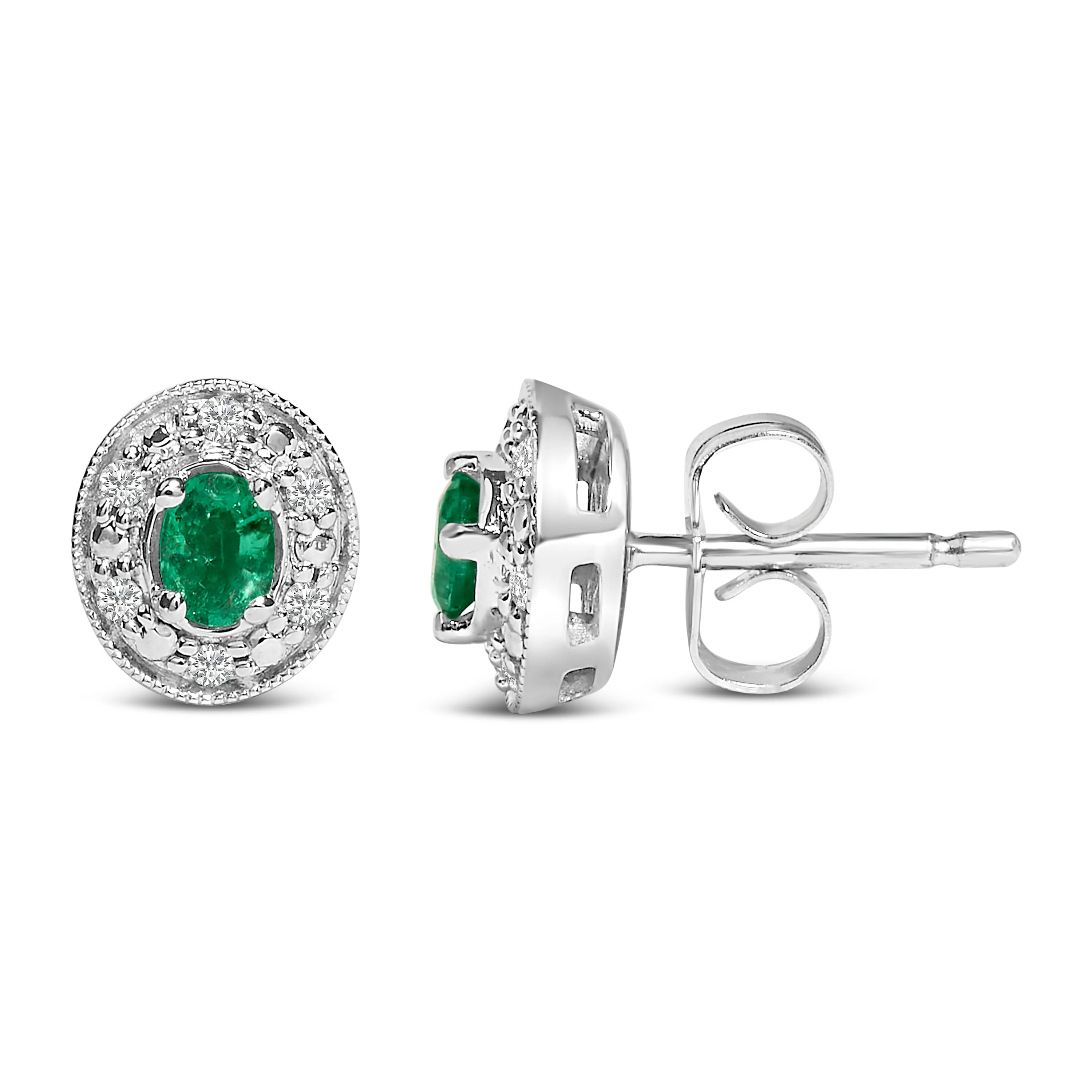 14K White Gold Oval Green Emerald and 1/10 Cttw Diamond Halo Stud Earrings (I-J Color, I1-I2 Clarity) - Image 3
