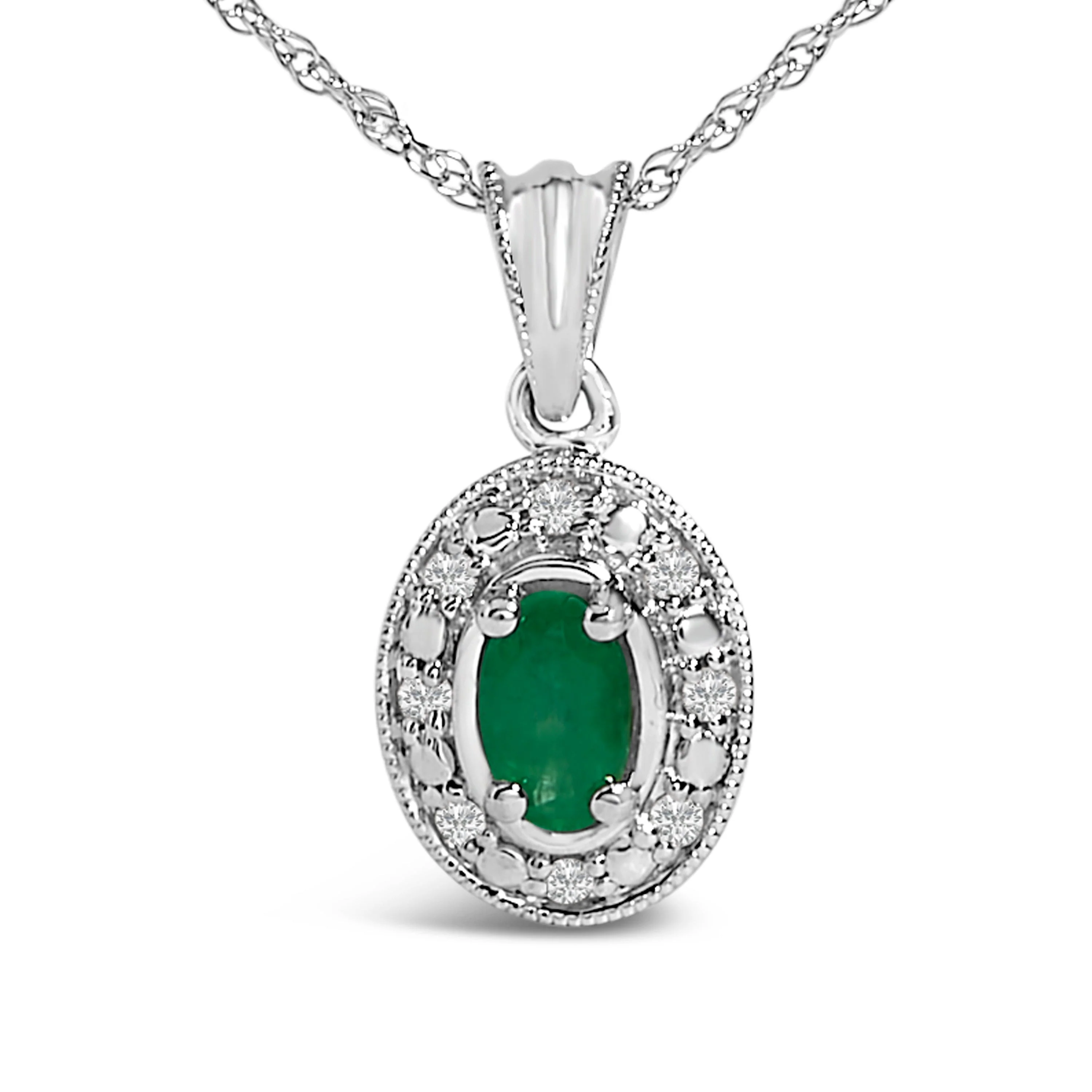 14K White Gold Oval Green Emerald and Diamond Halo Pendant Necklace - 18" Inches - Image 2