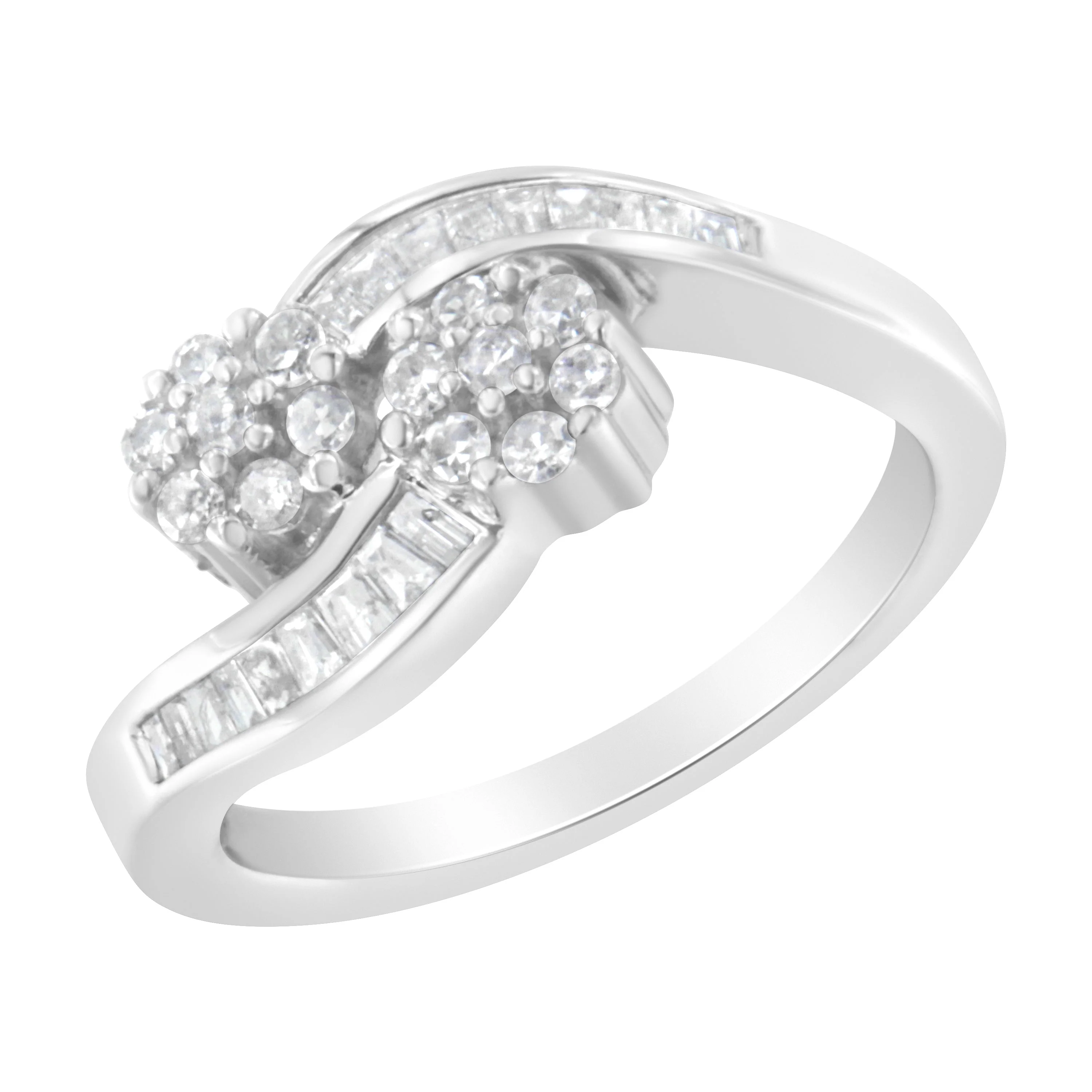 14K White Gold Round and Baguette Diamond Bypass Ring (1/2 cttw, H-I Color, I1-I2 Clarity) - Ring Size 6