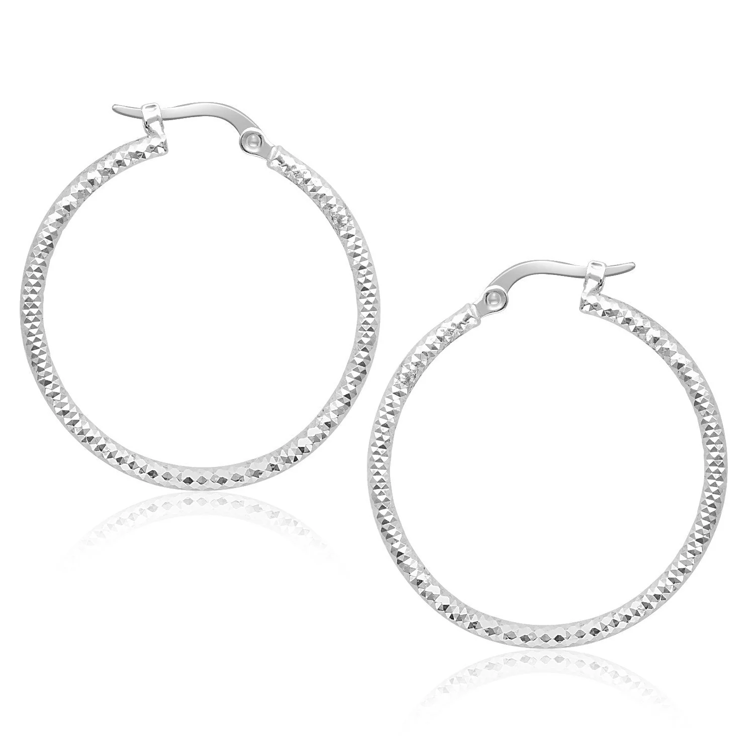 14k White Gold Tube Textured Round Hoop Earrings - Image 2