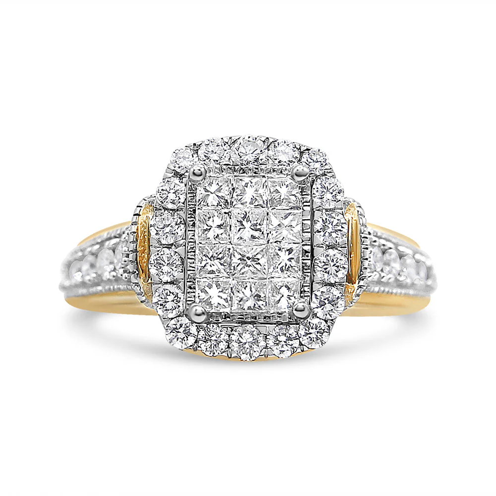 14K Yellow and White Gold 1.00 Cttw Princess and Round Cut Emerald Shaped Halo Diamond Cluster Ring (SI1-SI2 Clarity, H-I Color) - Size 7 - Image 4