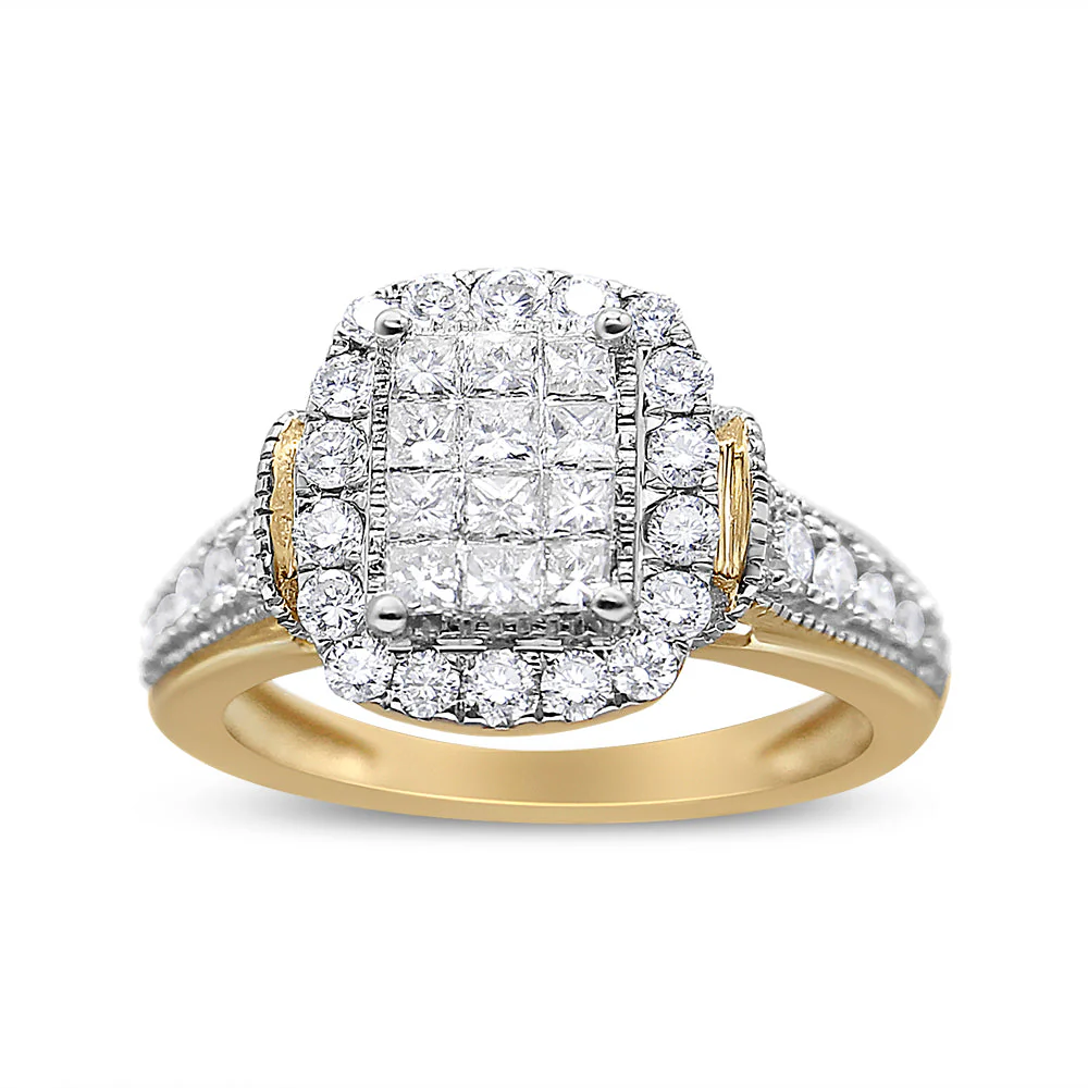 14K Yellow and White Gold 1.00 Cttw Princess and Round Cut Emerald Shaped Halo Diamond Cluster Ring (SI1-SI2 Clarity, H-I Color) - Size 7 - Image 5