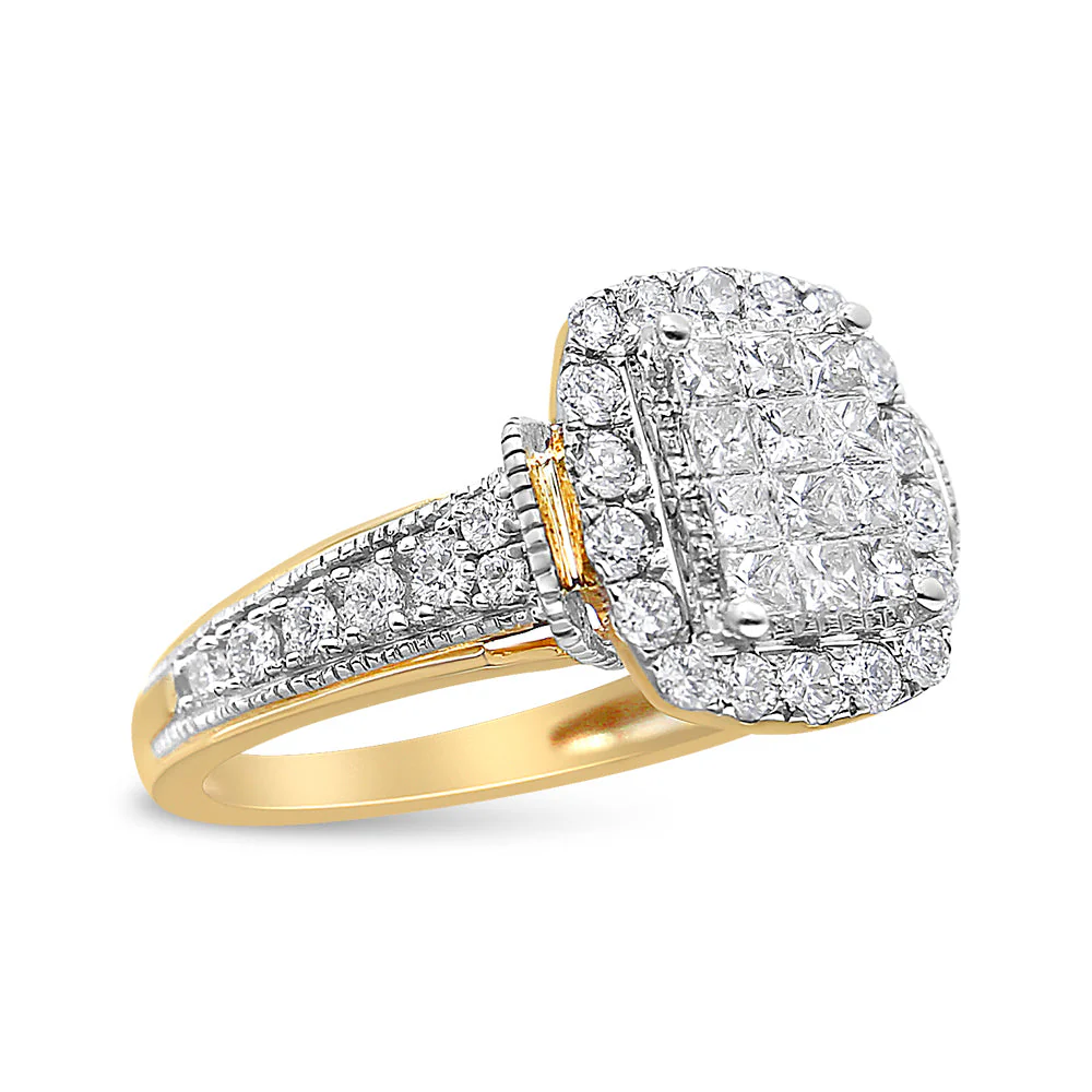 14K Yellow and White Gold 1.00 Cttw Princess and Round Cut Emerald Shaped Halo Diamond Cluster Ring (SI1-SI2 Clarity, H-I Color) - Size 7 - Image 6