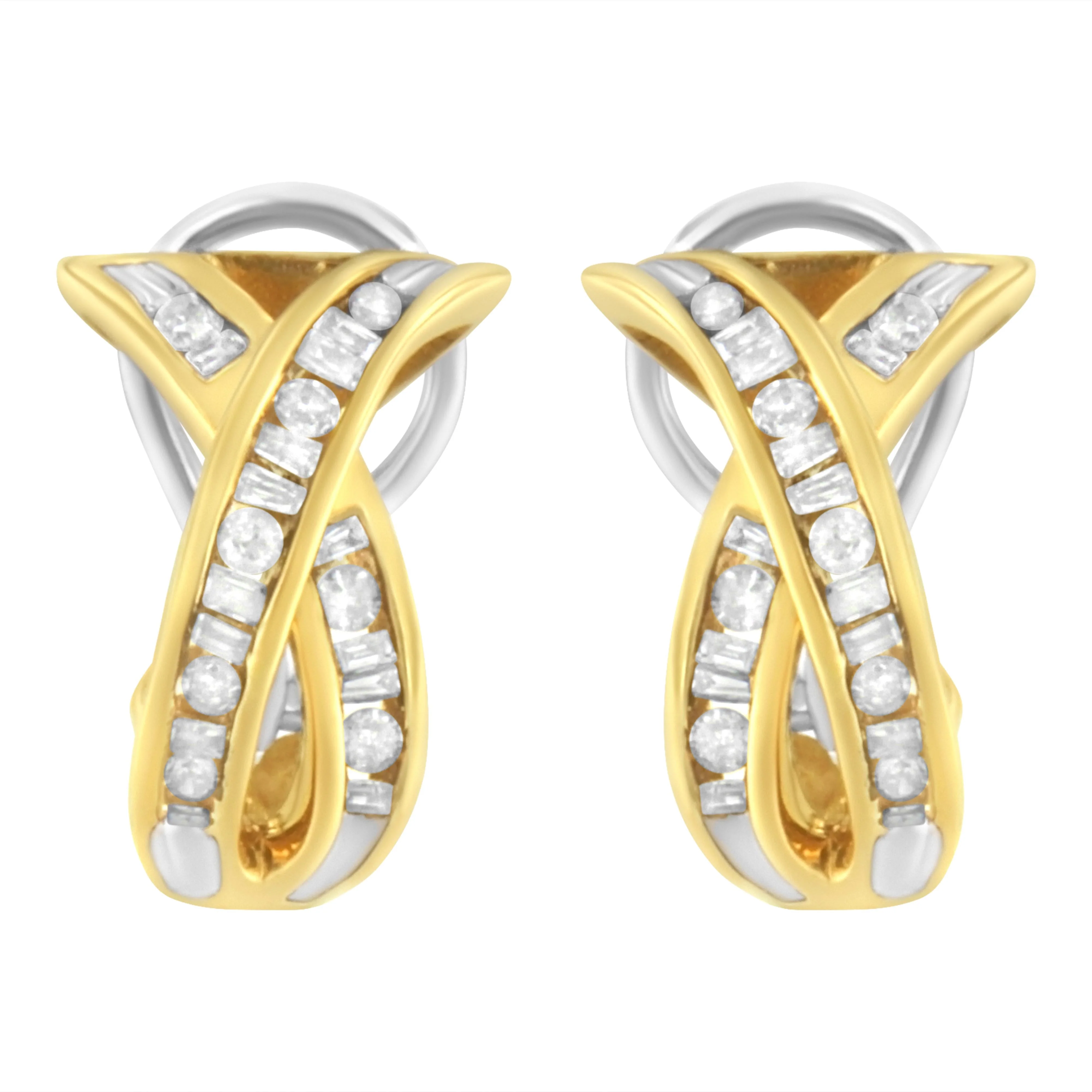 14K Yellow and White Gold 1/2 TDW "X" Shape Cross Over Diamond Hoop Earrings (I-J, I2-I3) - Image 3