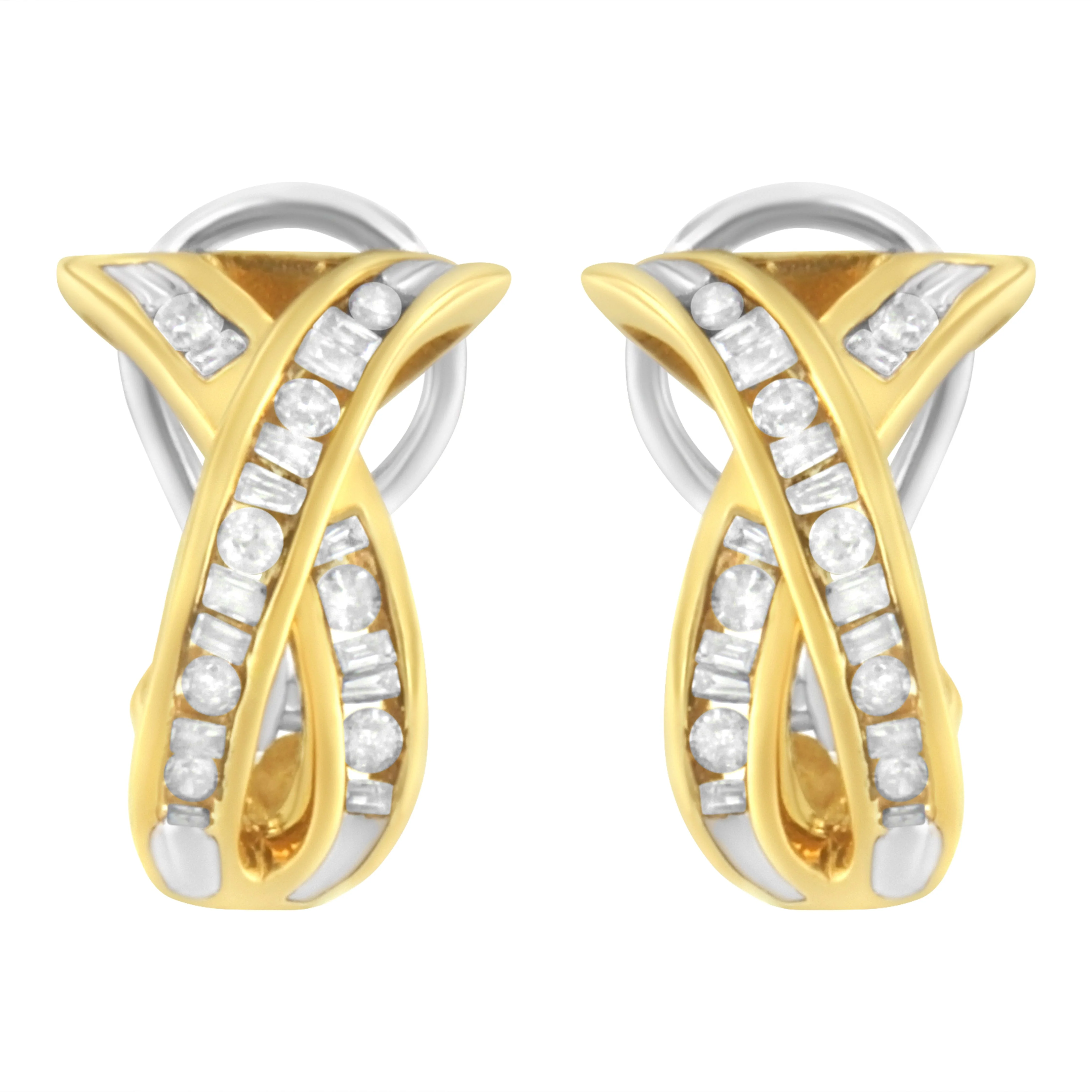 14K Yellow and White Gold 1/2 TDW "X" Shape Cross Over Diamond Hoop Earrings (I-J, I2-I3) - Image 7