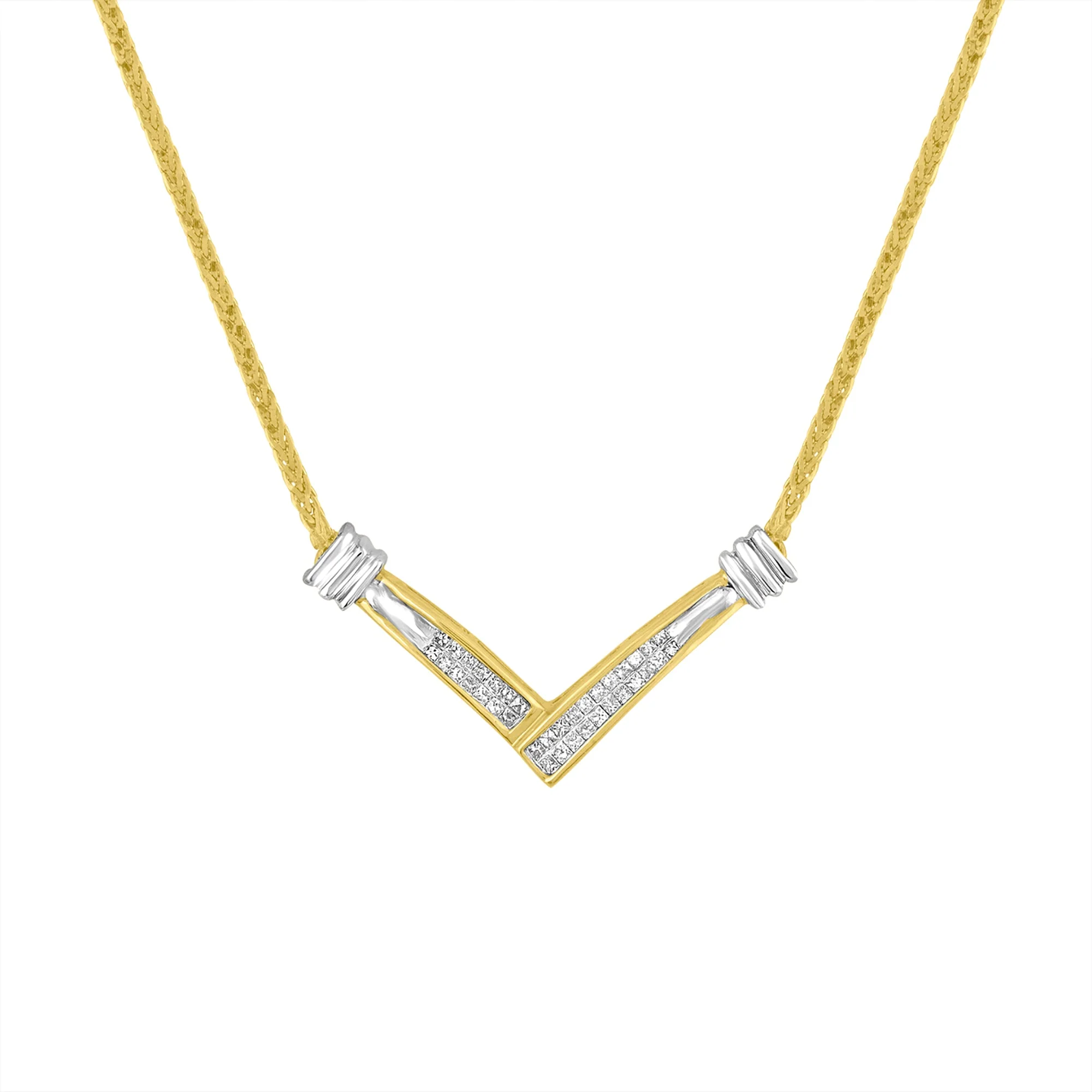 14K Yellow and White Gold 1/4 Cttw Princess Cut Diamond Channel-Set “V†Shape 18" Pendant Necklace (H-I Color, SI2-I1 Clarity)