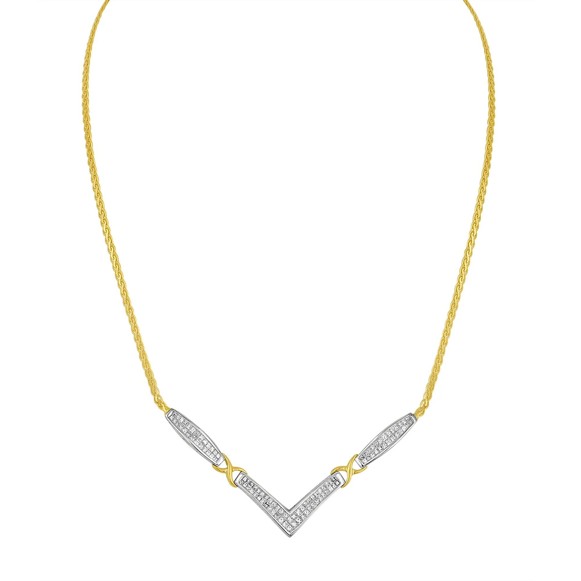 14K Yellow and White Gold 2.0 Cttw Princess Cut Diamond Flared and X-Station V Shaped 18â€ Franco Chain Statement Necklace (H-I Color, SI2-I1 Clarity) - Image 7