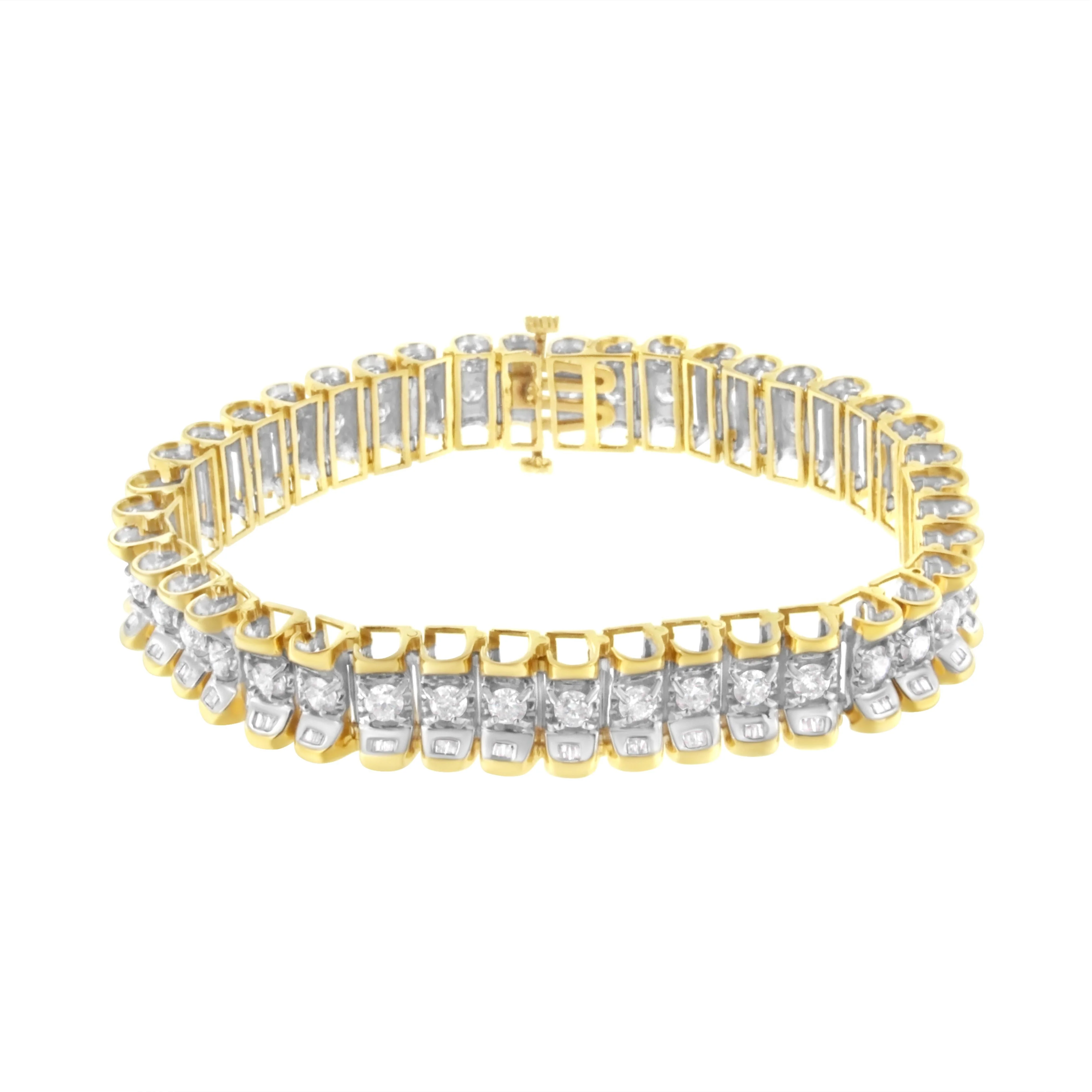 14K Yellow and White Gold 5.0 Cttw Round & Baguette Cut Diamond 7" Reflective Tennis Bracelet (H-I Color, I1-I2 Clarity) - Image 2