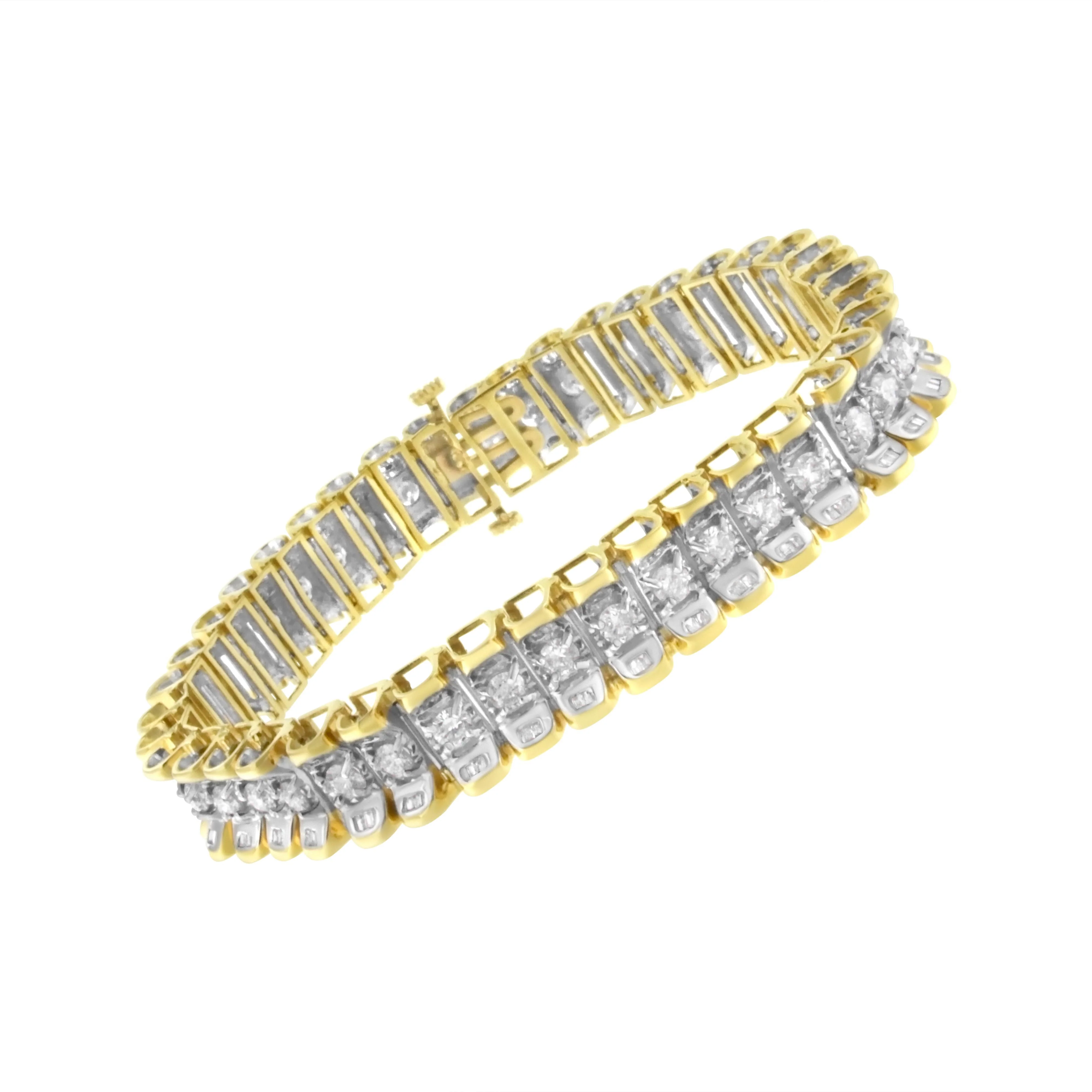 14K Yellow and White Gold 5.0 Cttw Round & Baguette Cut Diamond 7" Reflective Tennis Bracelet (H-I Color, I1-I2 Clarity) - Image 3