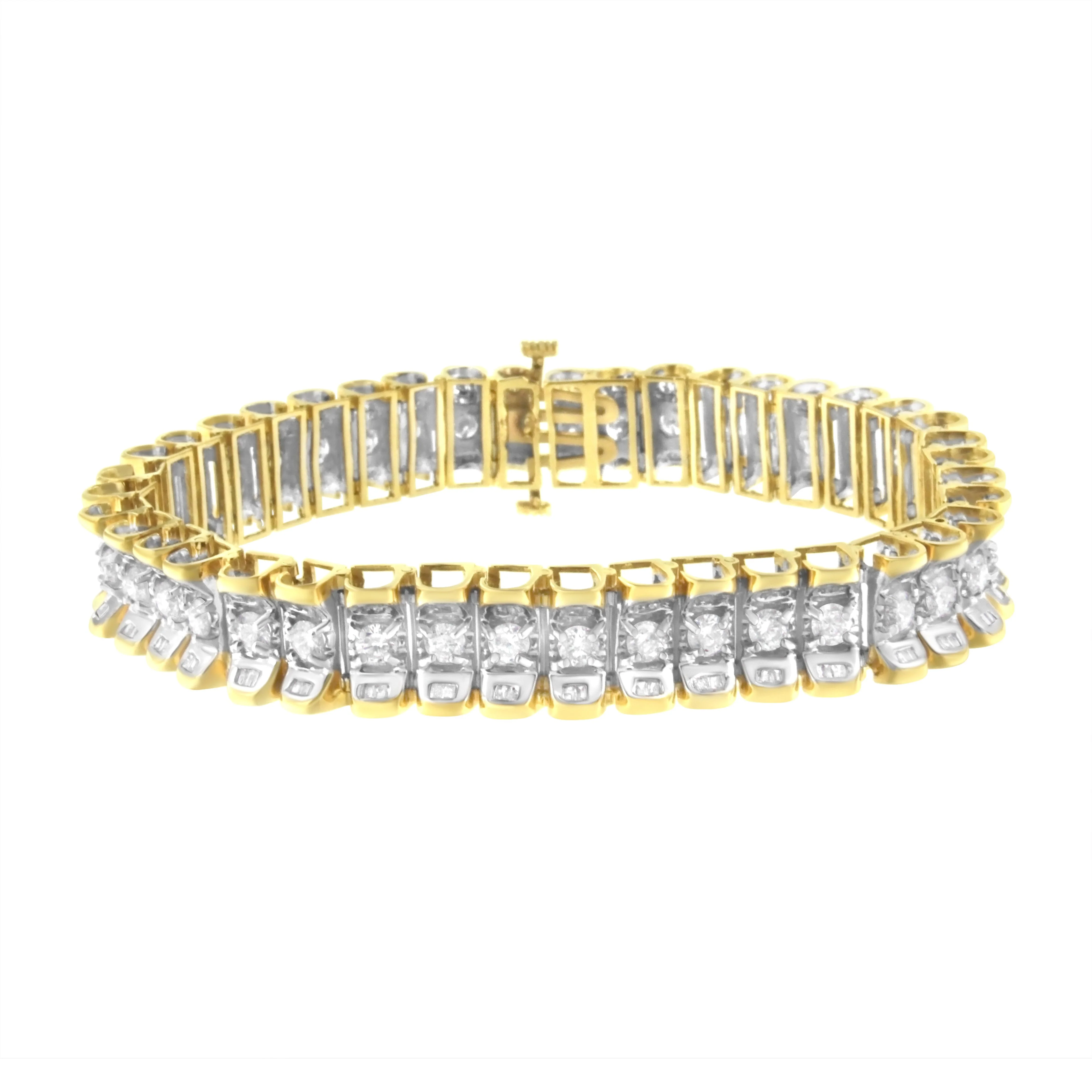 14K Yellow and White Gold 5.0 Cttw Round & Baguette Cut Diamond 7" Reflective Tennis Bracelet (H-I Color, I1-I2 Clarity) - Image 6