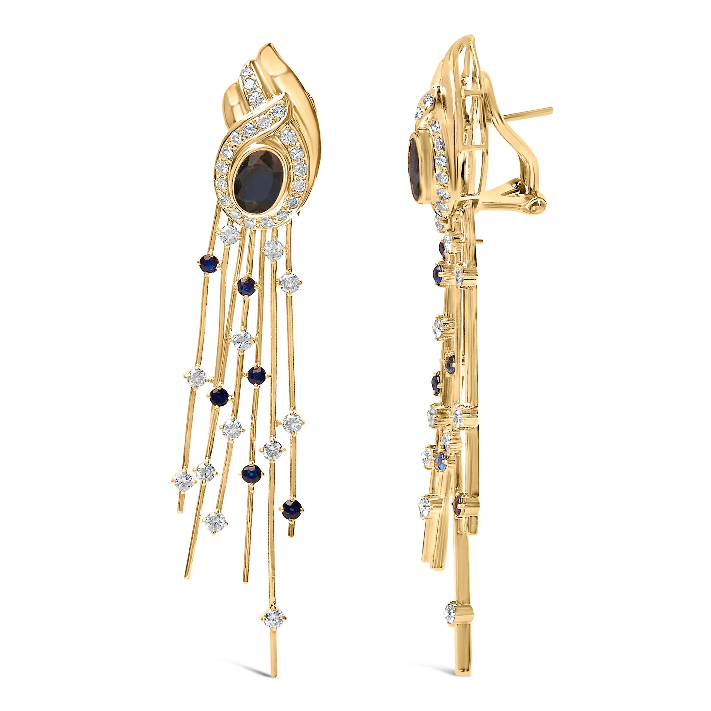 14K Yellow Gold 1.0 Cttw Diamond and Blue Sapphire Chandelier Earrings - Image 3
