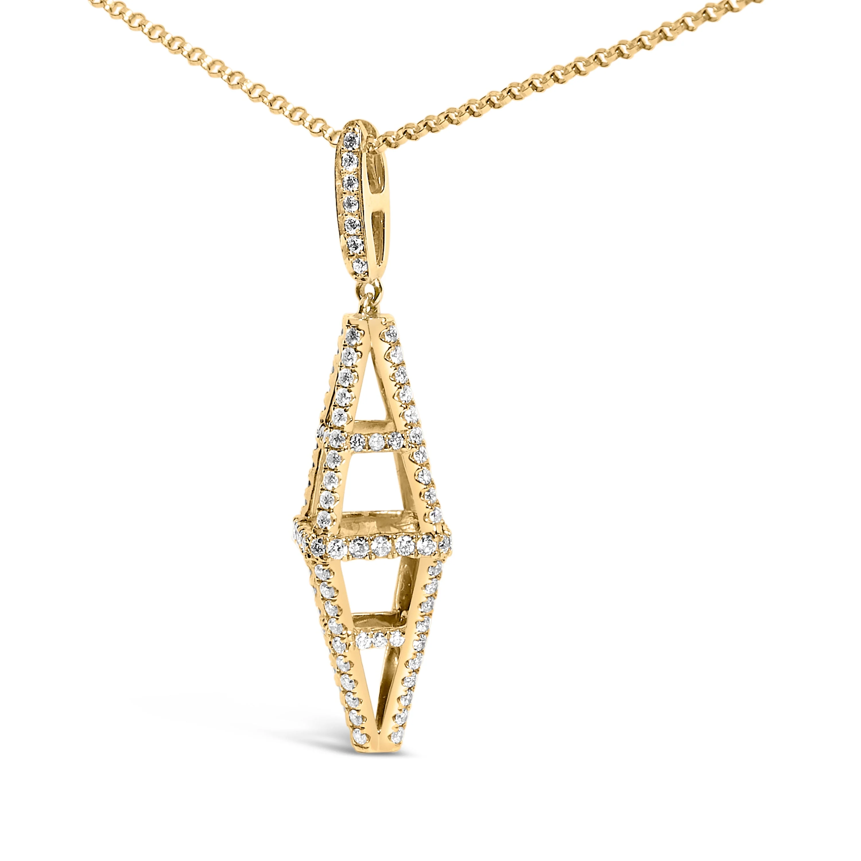 14K Yellow Gold 1.0 Cttw Diamond Studded Geometric Double Pyramid 18" Pendant Necklace (G-H Color, SI1-SI2 Clarity) - Image 3
