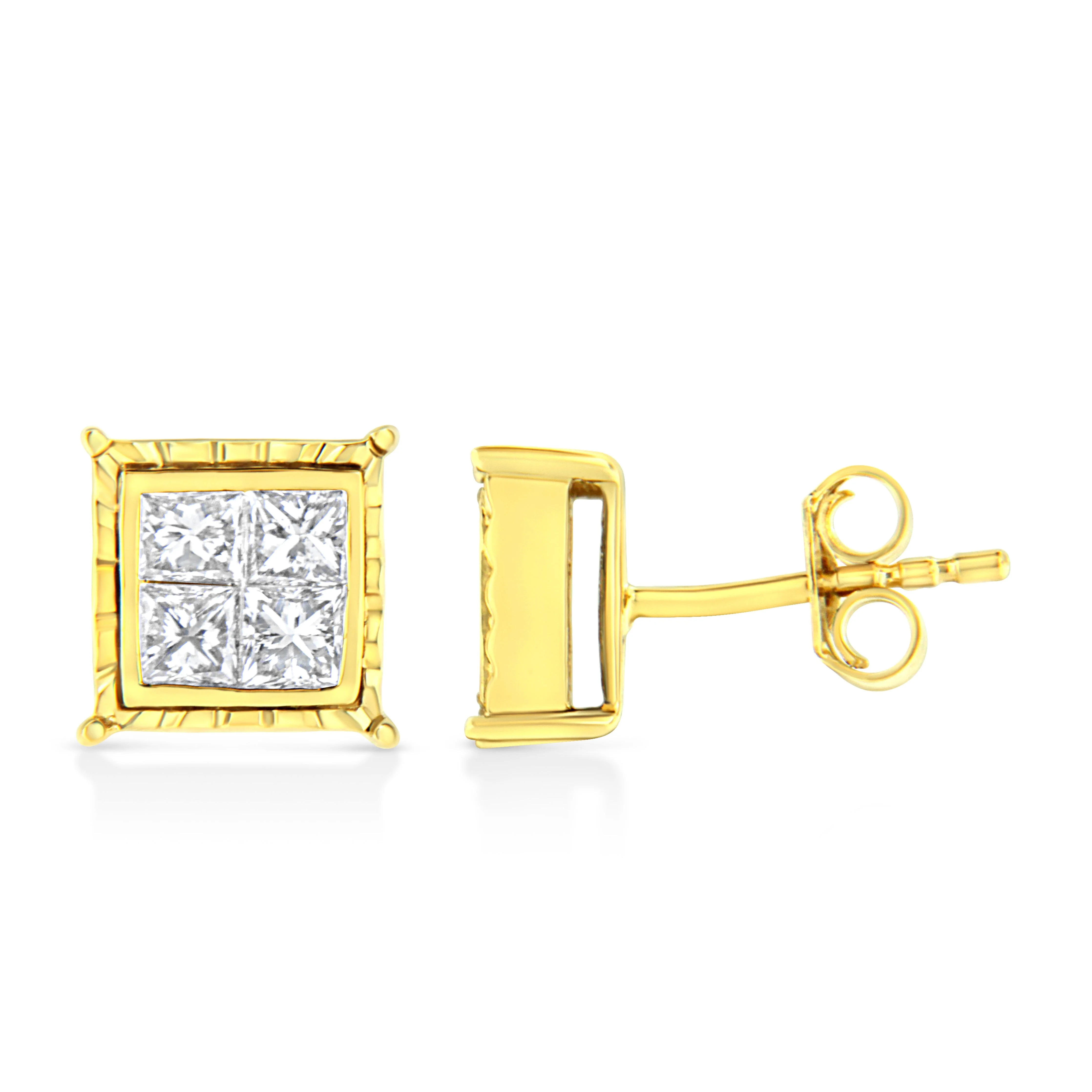 14K Yellow Gold 1 Cttw Princess Cut Diamond Square Stud Earrings - Image 10