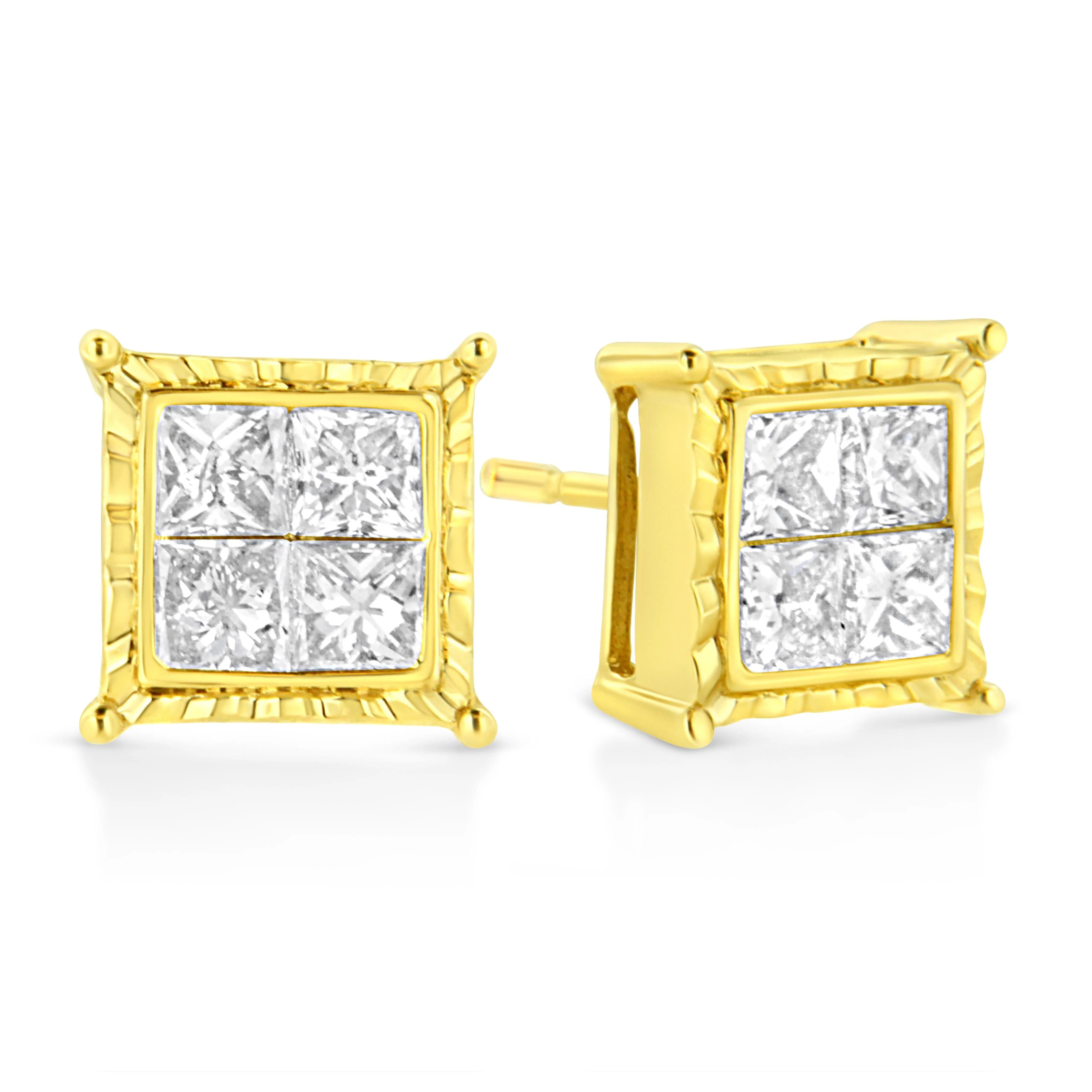14K Yellow Gold 1 Cttw Princess Cut Diamond Square Stud Earrings - Image 2