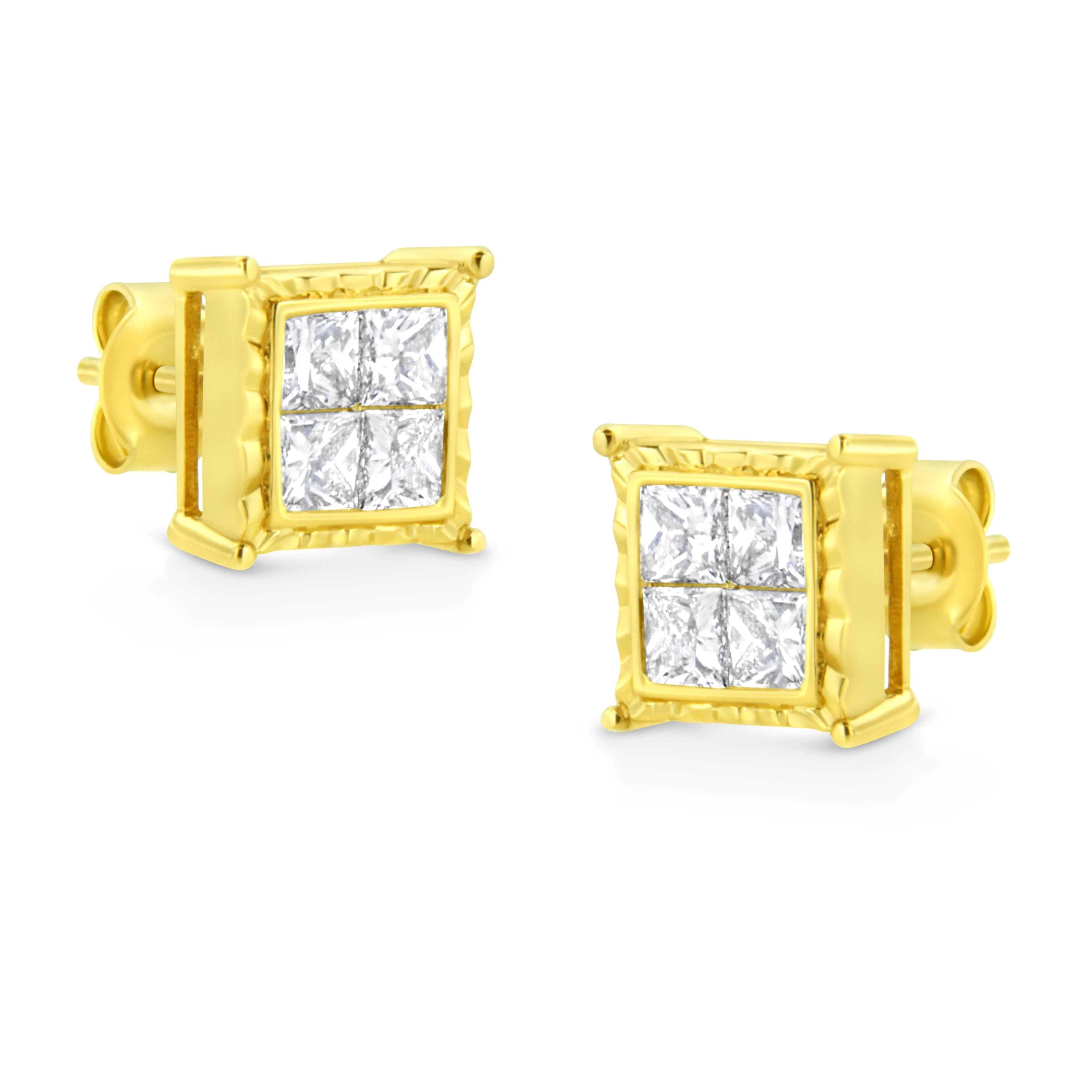 14K Yellow Gold 1 Cttw Princess Cut Diamond Square Stud Earrings - Image 3