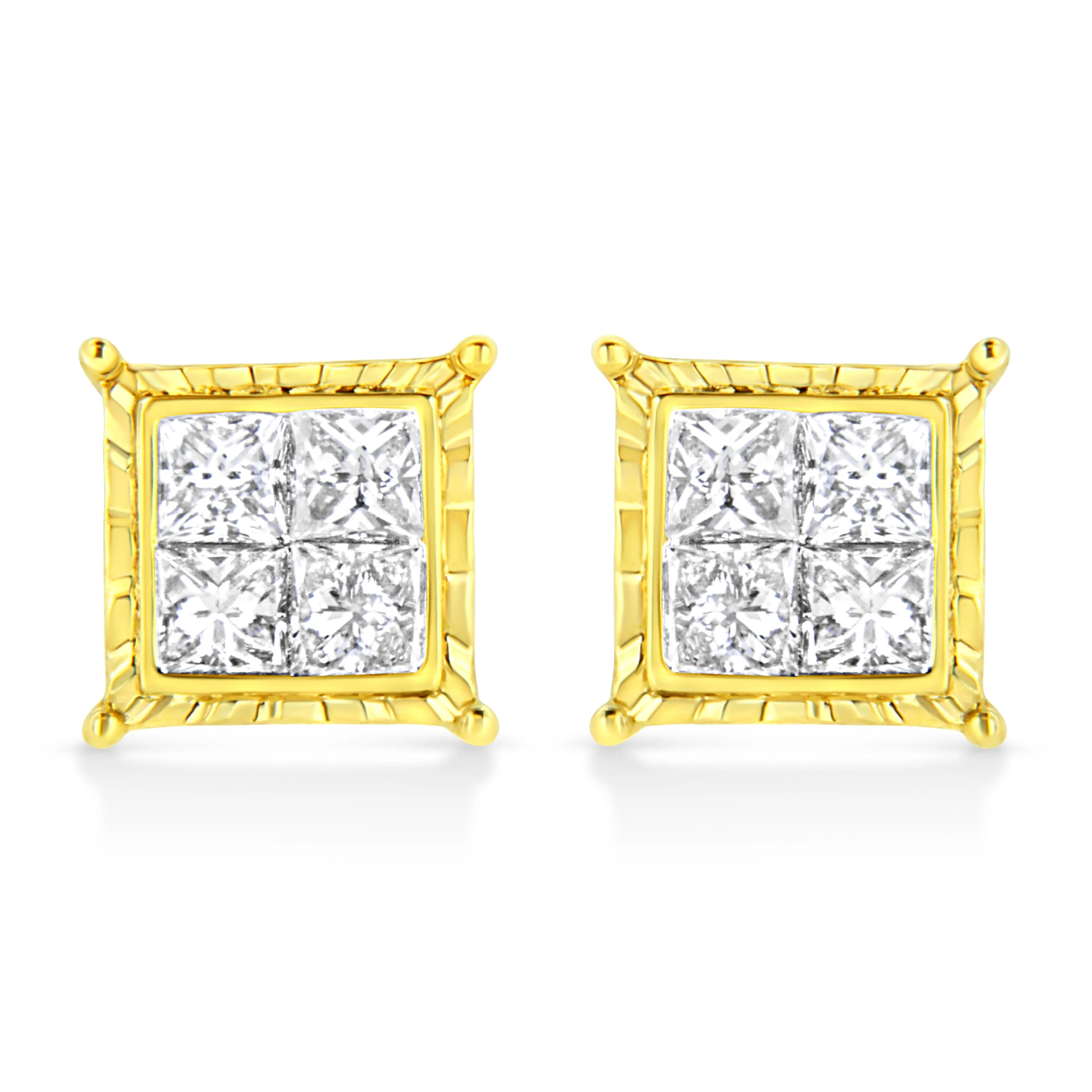 14K Yellow Gold 1 Cttw Princess Cut Diamond Square Stud Earrings - Image 5