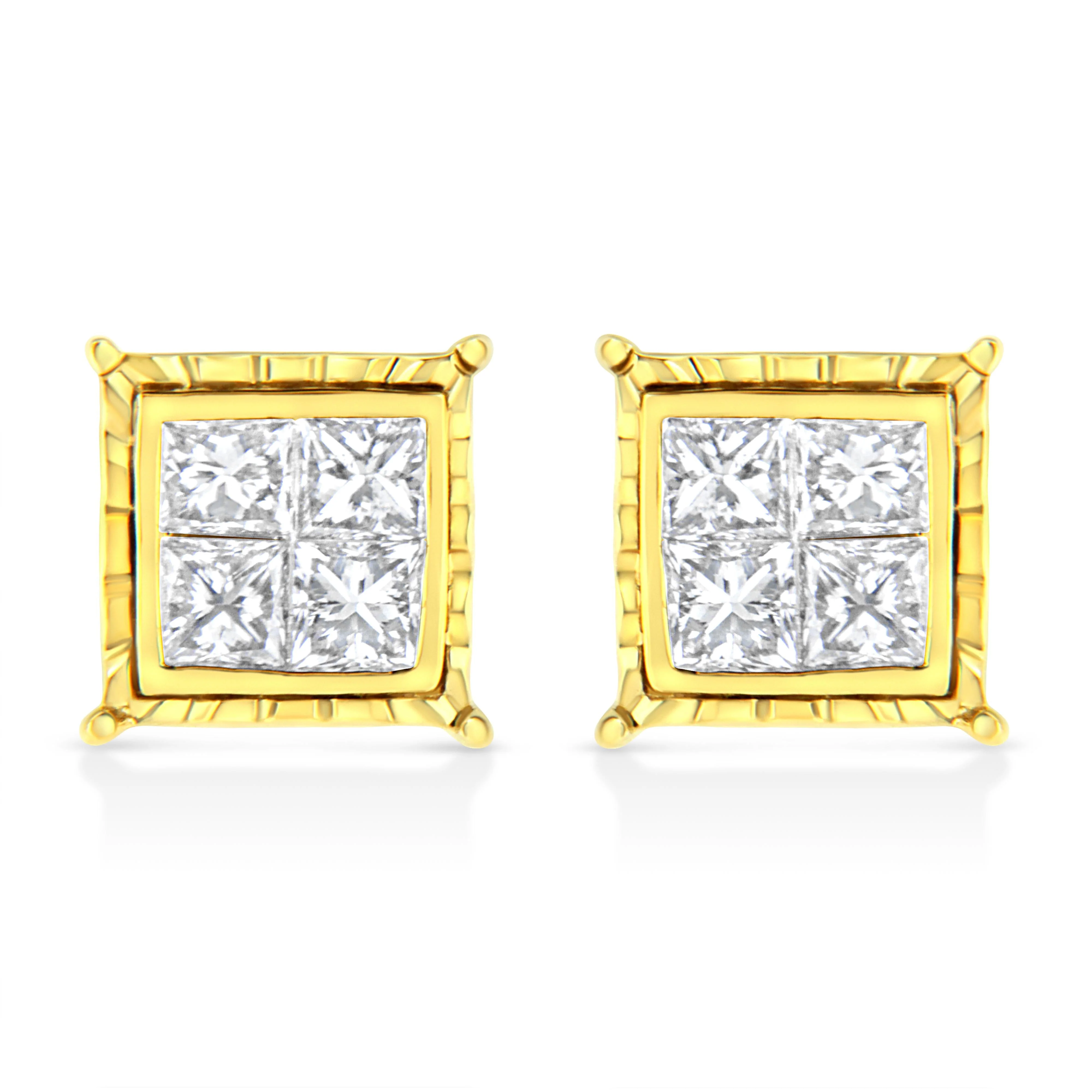 14K Yellow Gold 1 Cttw Princess Cut Diamond Square Stud Earrings - Image 6