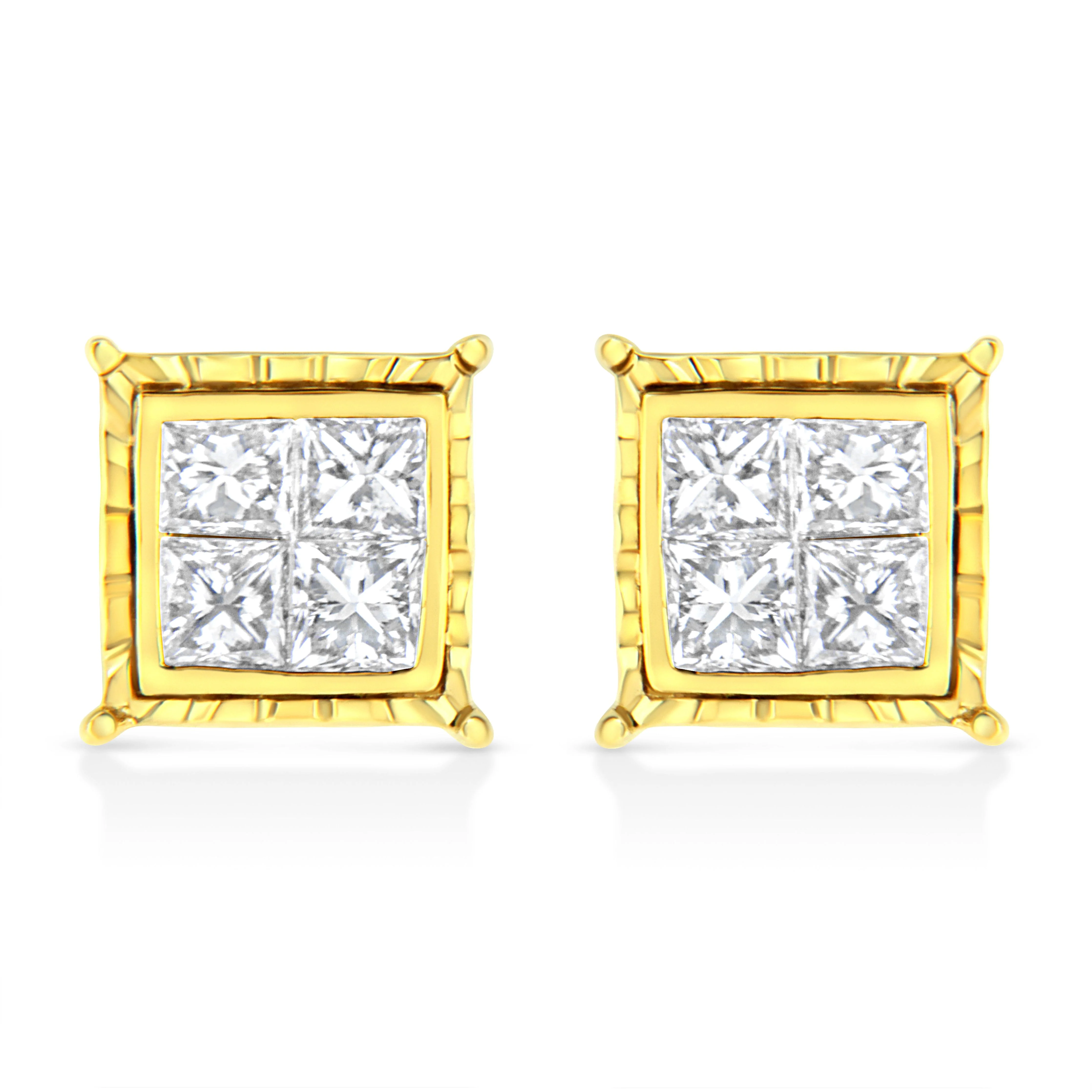 14K Yellow Gold 1 Cttw Princess Cut Diamond Square Stud Earrings - Image 7