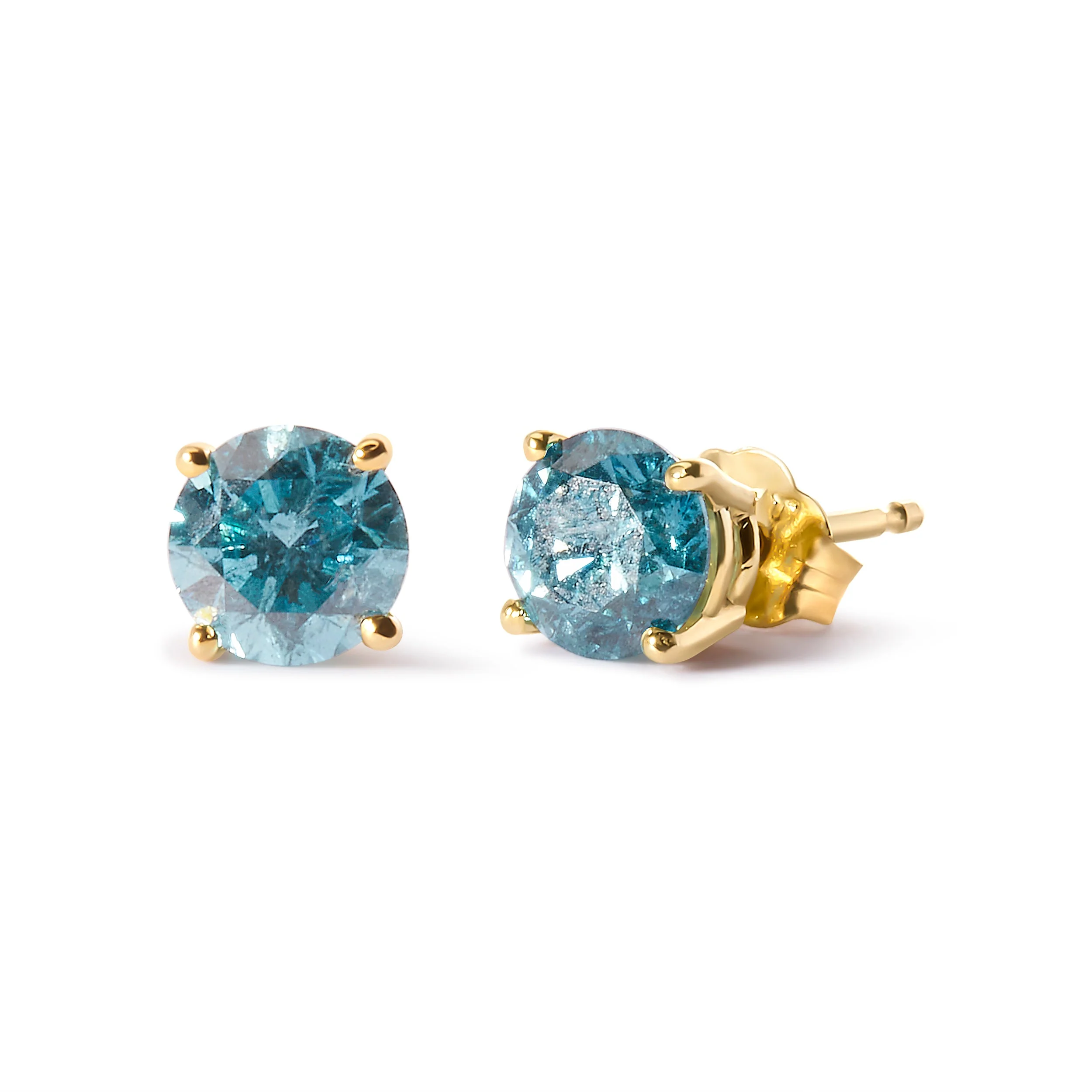 14K Yellow Gold 1.0 Cttw Treated Aqua Blue Diamond Classic Solitaire Stud Earrings (Aqua Blue Color, I2-I3 Clarity) - Image 2