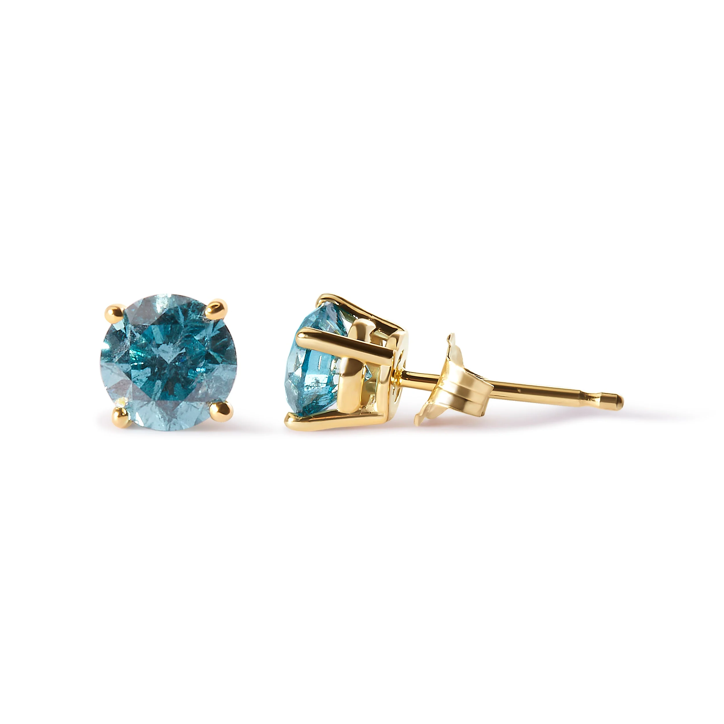 14K Yellow Gold 1.0 Cttw Treated Aqua Blue Diamond Classic Solitaire Stud Earrings (Aqua Blue Color, I2-I3 Clarity) - Image 3