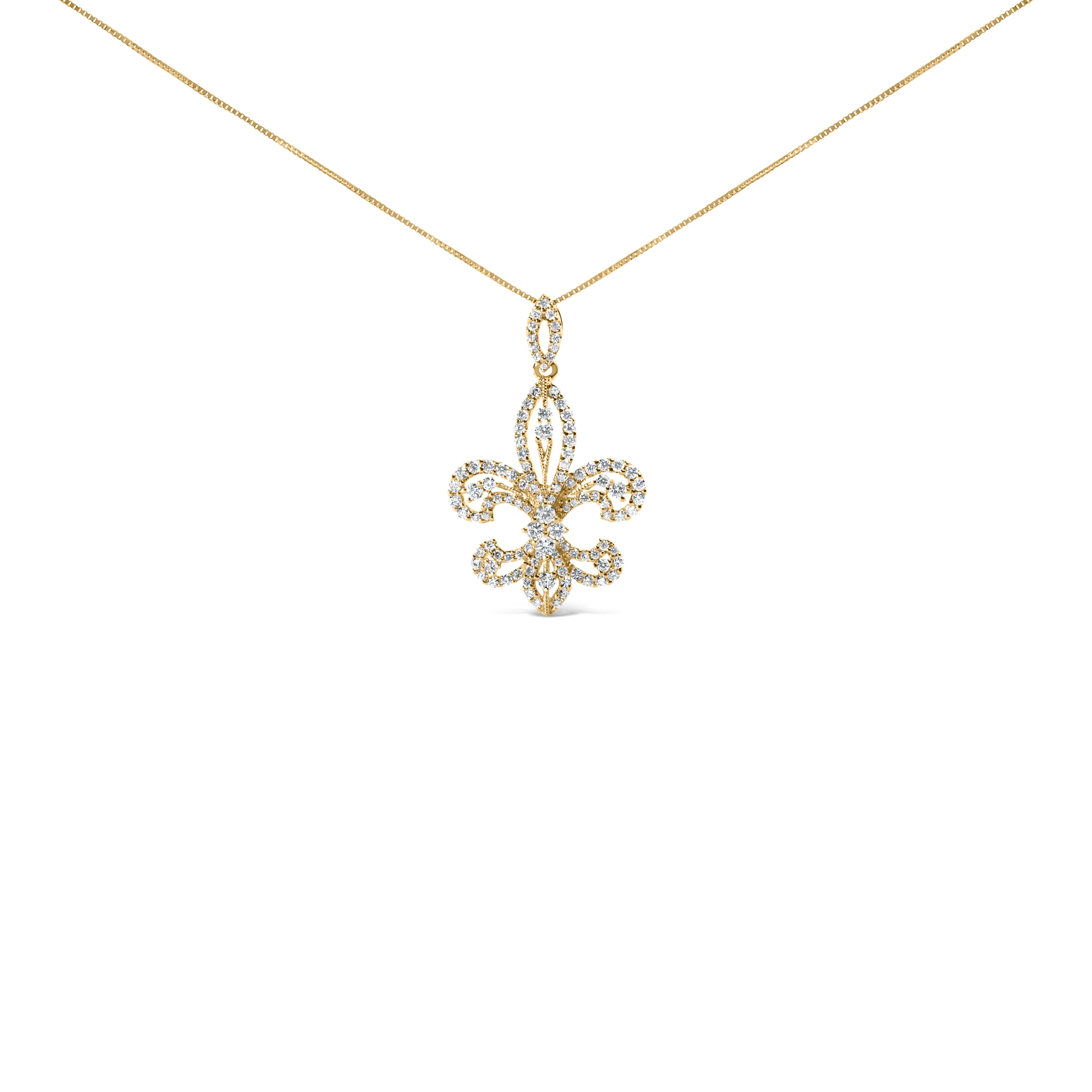 14K Yellow Gold 1.00 Cttw Round Diamond Fleur De Lis 18" Pendant Necklace (H-I Color, SI2-I1 Clarity) - Image 4