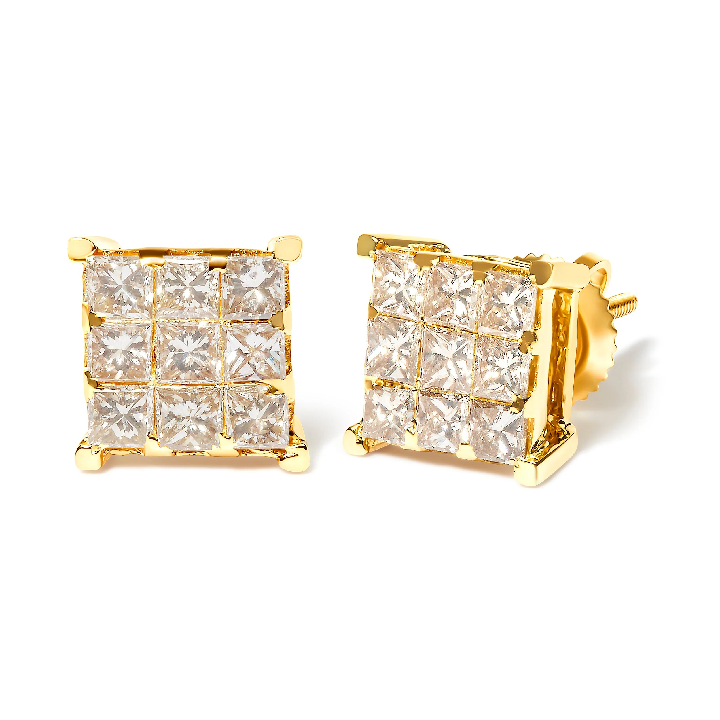 14K Yellow Gold 1 1/2 Cttw Invisible Set Princess-Cut Diamond 9 Stone Square Stud Earrings (J-K Color, SI2-I1 Clarity) - Image 2